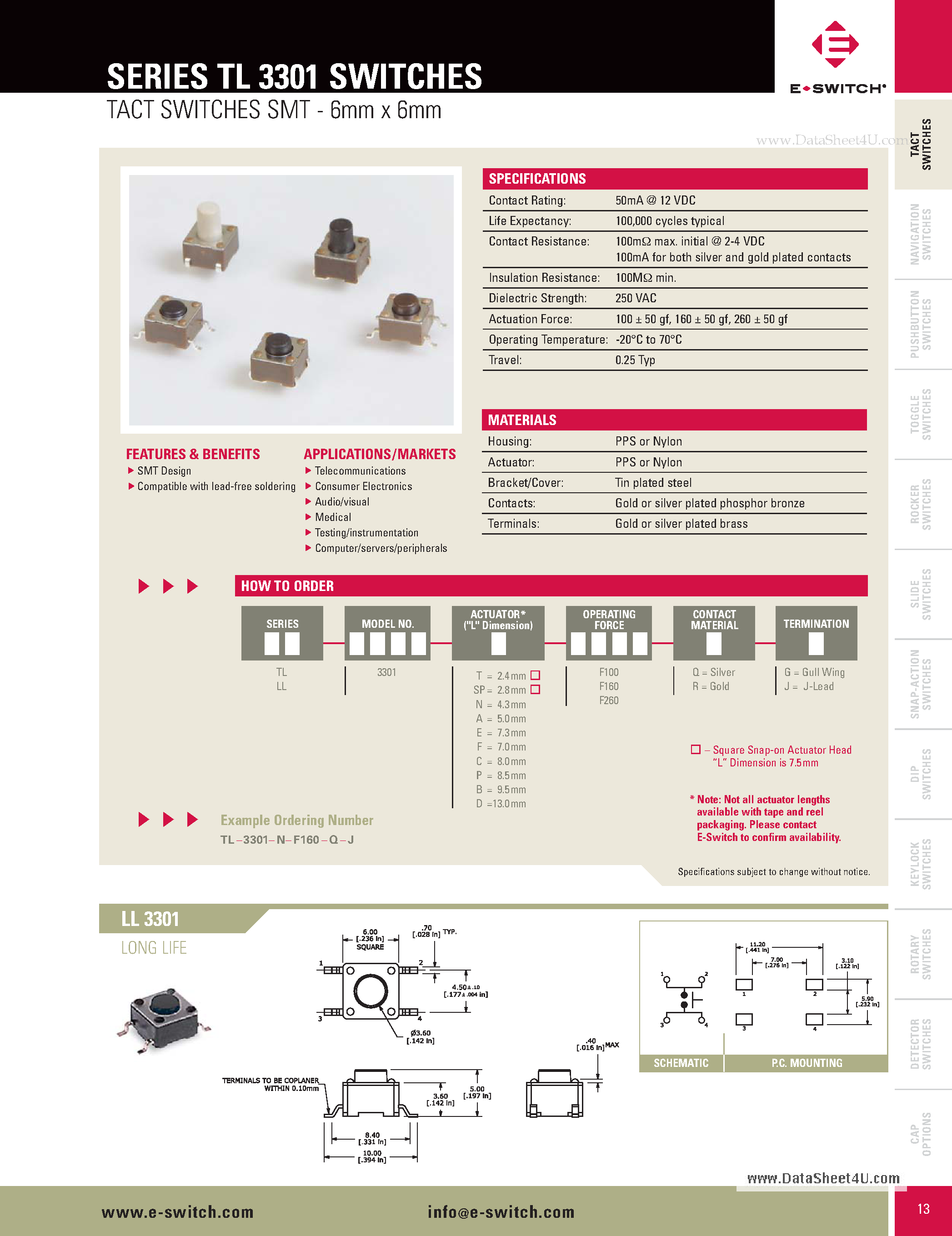 Datasheet TL3301 - TACT SWITCHES SMT page 1