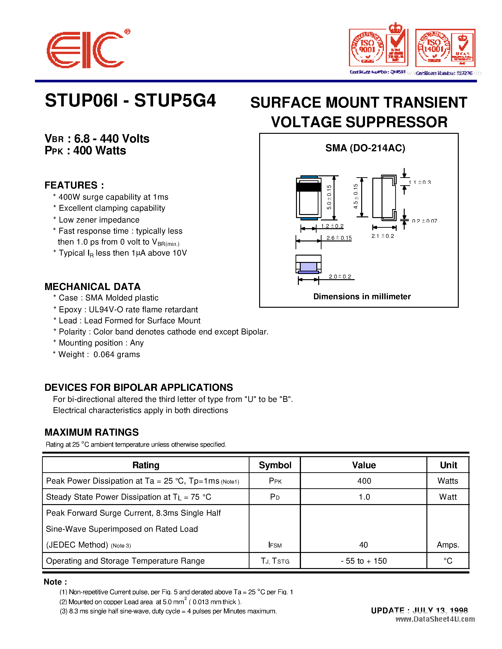 Datasheet STUP010 - (STUP06I - STUP5G4) SURFACE MOUNT TRANSIENT VOLTAGE SUPPRESSOR page 1