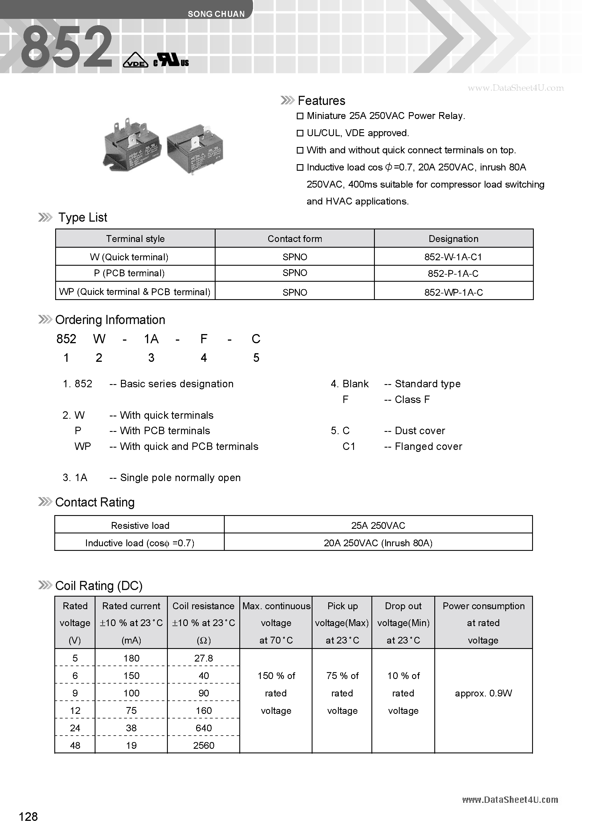 Datasheet 852-P-1A-C - Miniature 25A 250VAC Power Relay page 1