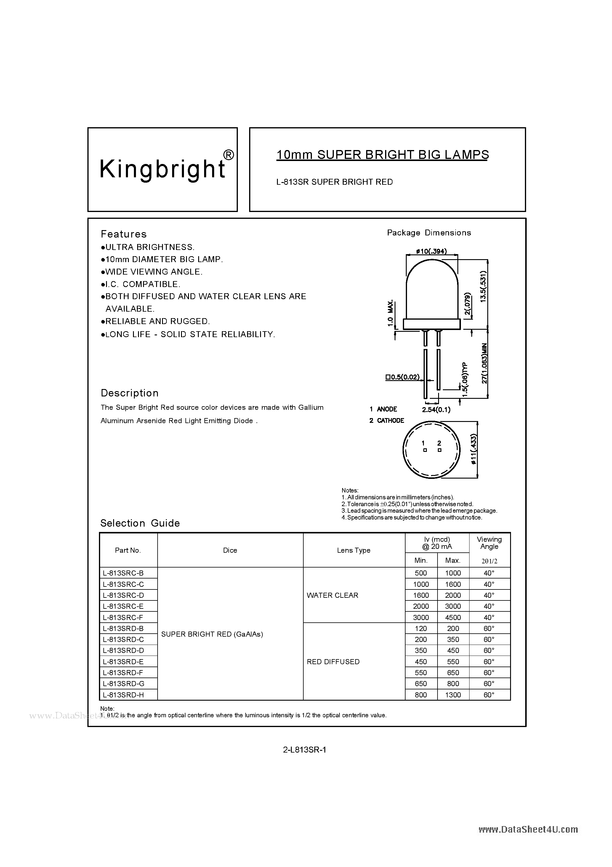 Datasheet L-813SR - 10mm SUPER BRIGHT BIG LAMPS page 1