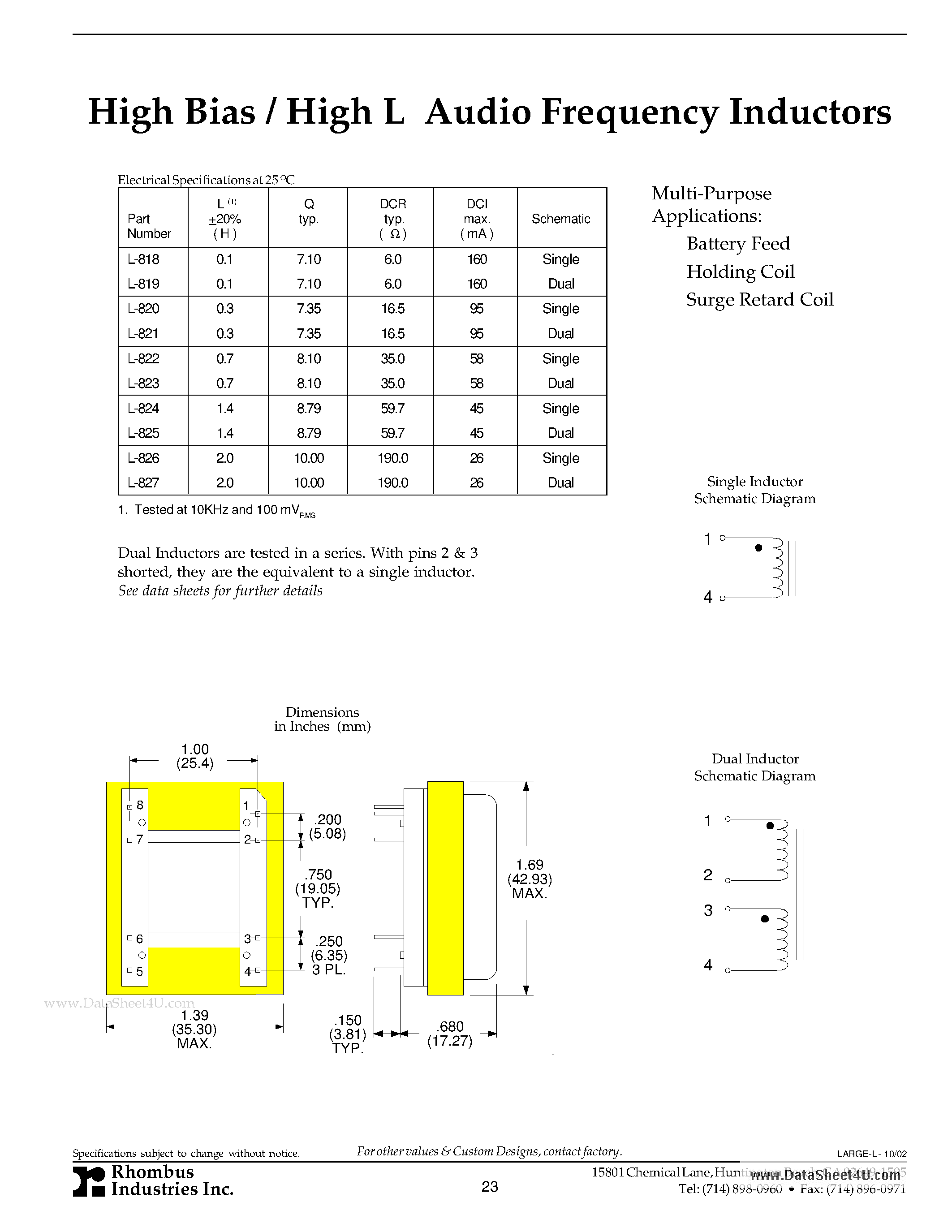 Datasheet L-819 - High Bias / High L Audio Frequency Inductors page 1