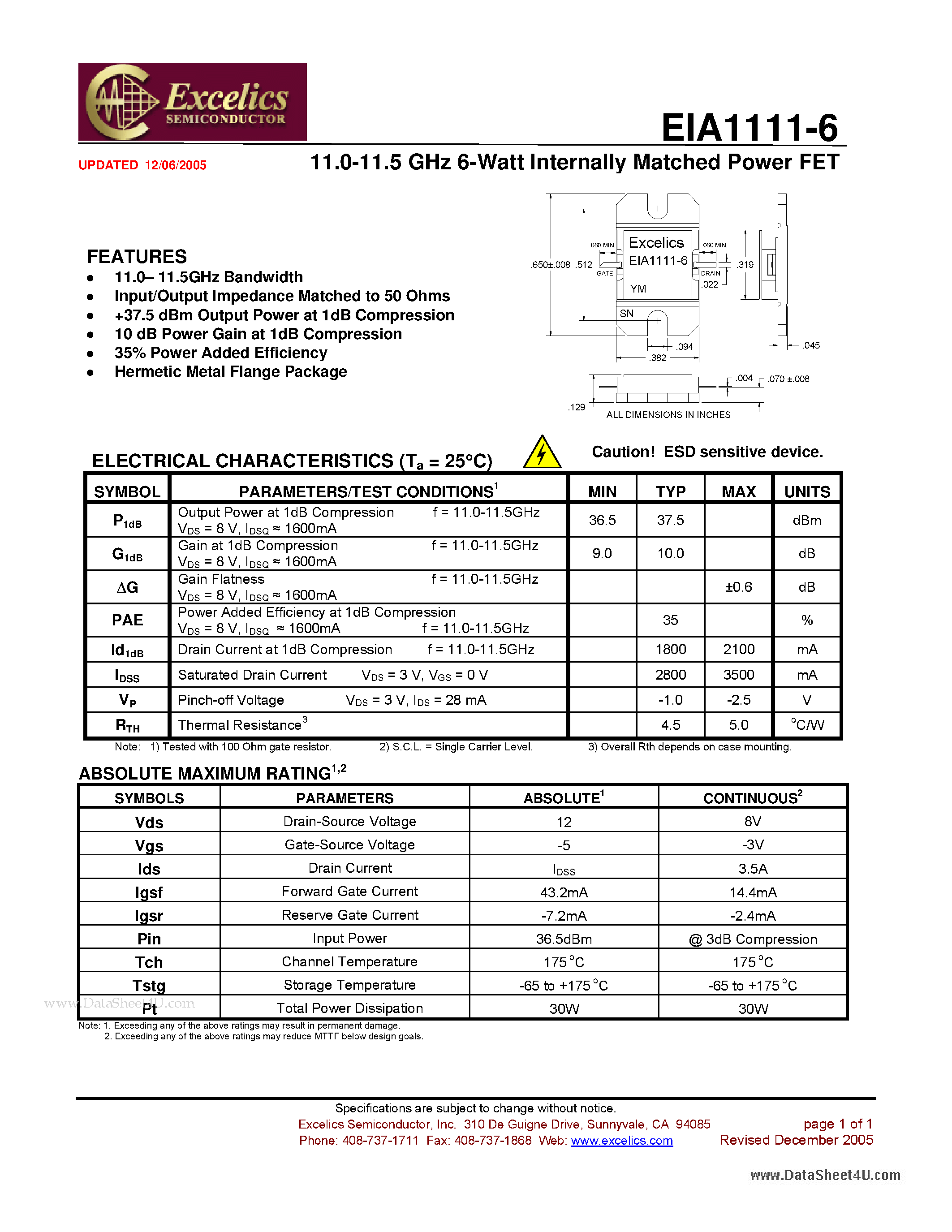 Datasheet EIA1111-6 - 11.0-11.5 GHz 6-Watt Internally Matched Power FET page 1