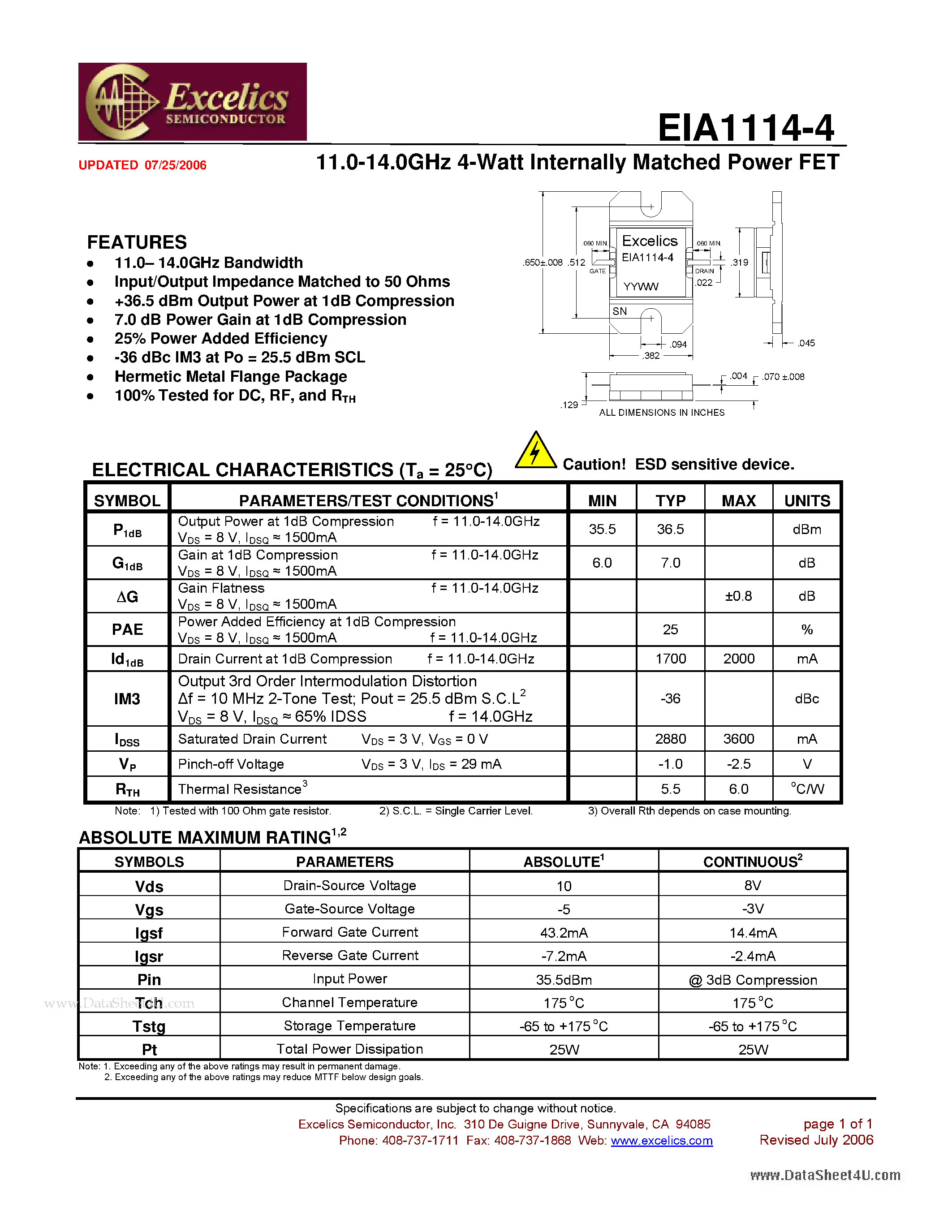 Datasheet EIA1114-4 - 11.0-14.0 GHz 4-Watt Internally Matched Power FET page 1