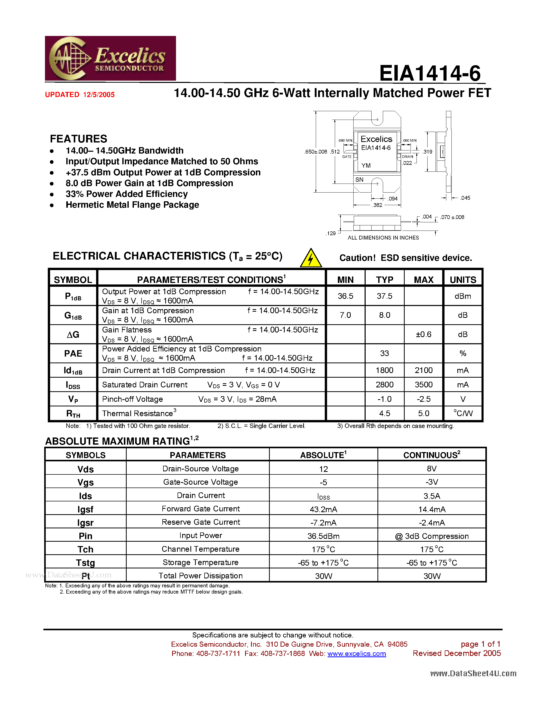Datasheet EIA1414-6 - 14.00-14.50 GHz 6-Watt Internally Matched Power FET page 1