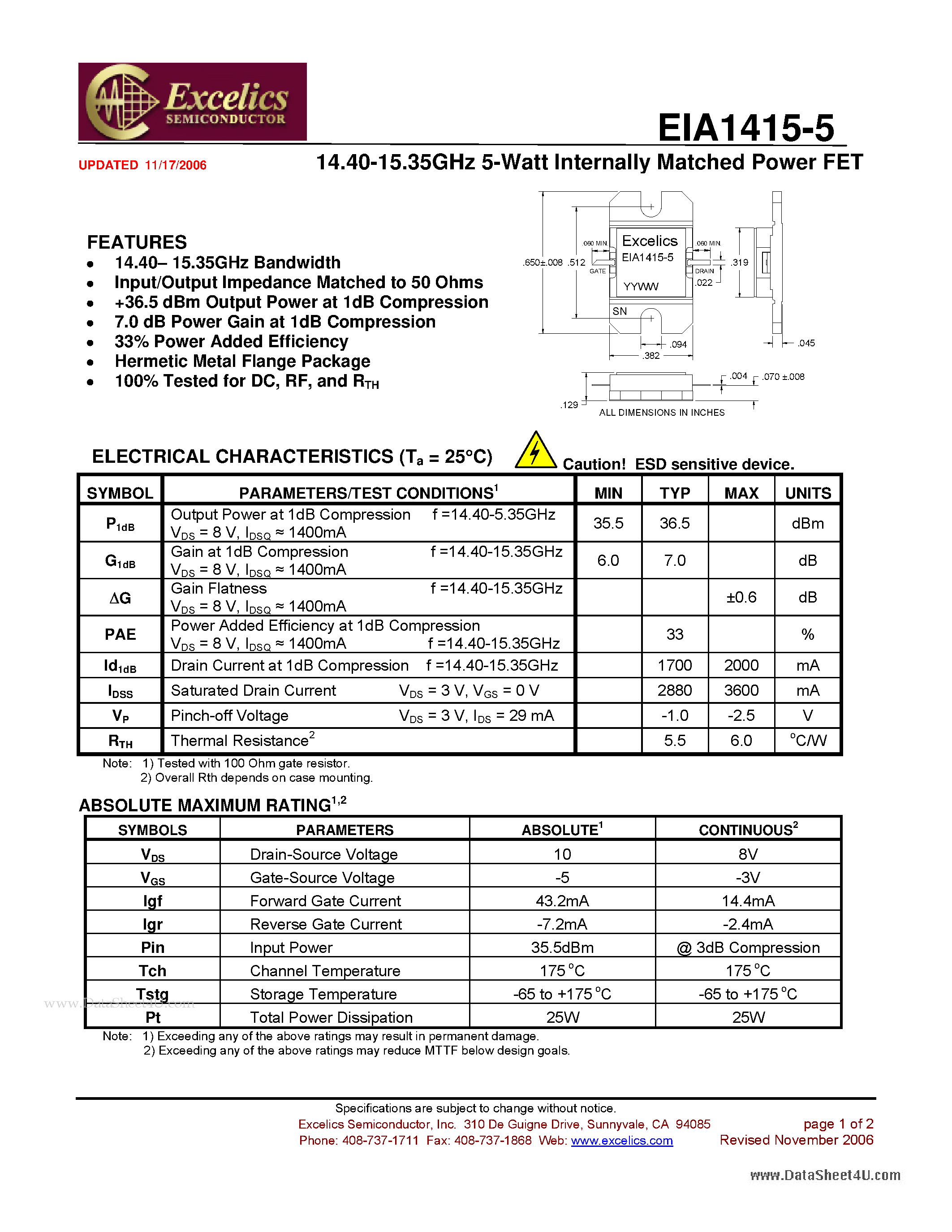 Даташит EIA1415-5 - 14.40-15.35GHz 5-Watt Internally Matched Power FET страница 1