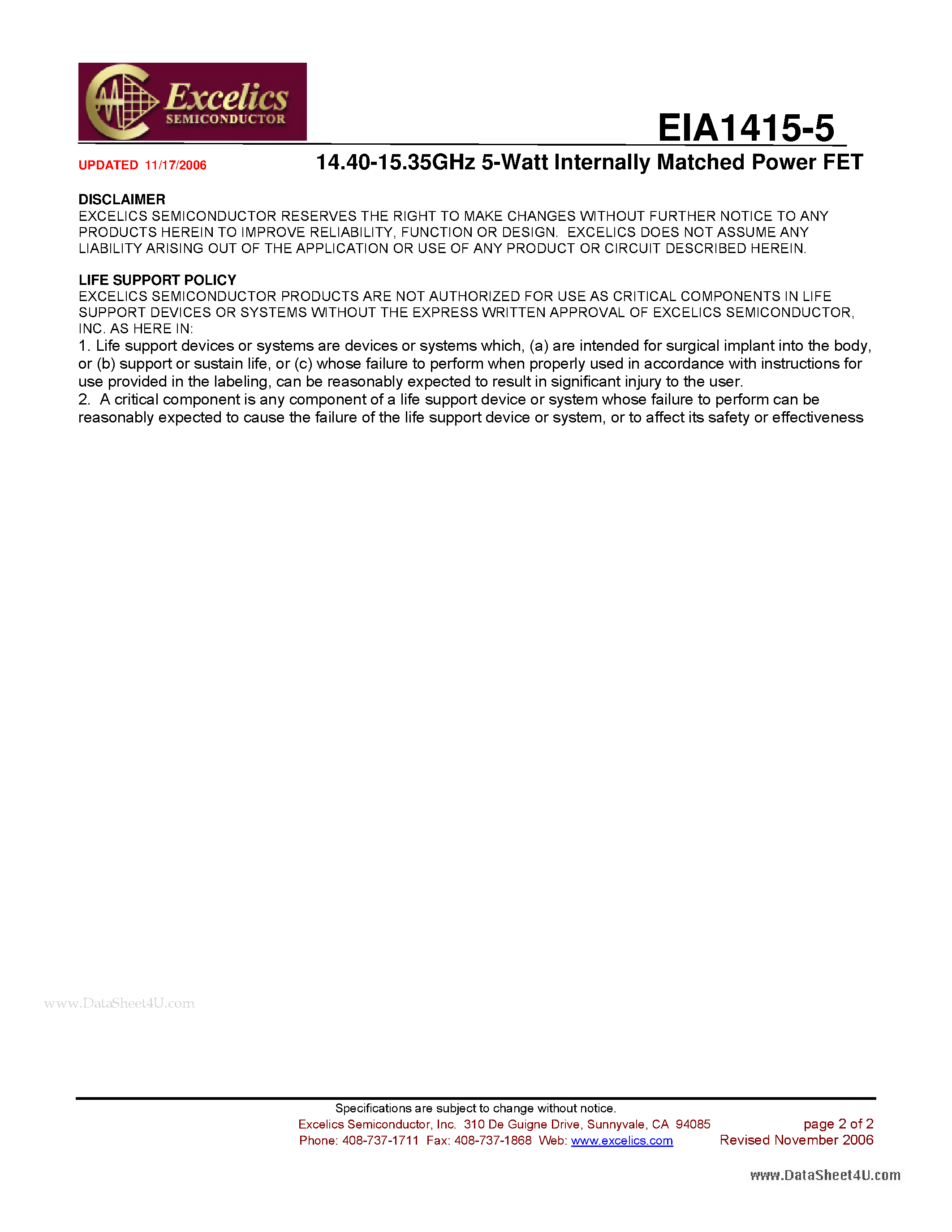 Даташит EIA1415-5 - 14.40-15.35GHz 5-Watt Internally Matched Power FET страница 2