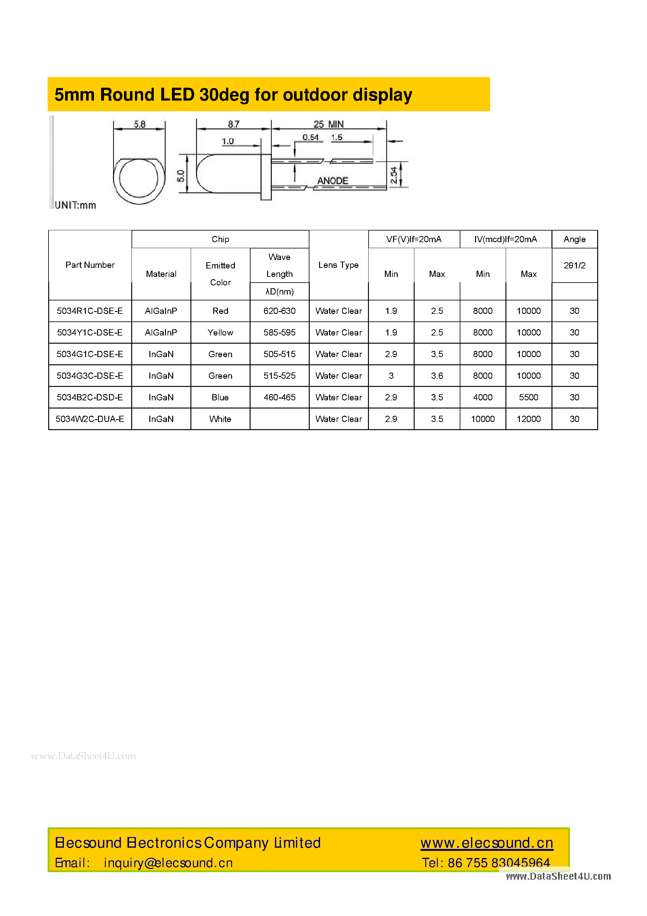 Datasheet 5034B2C-DSD-E - 5mm Round LED 30deg page 1