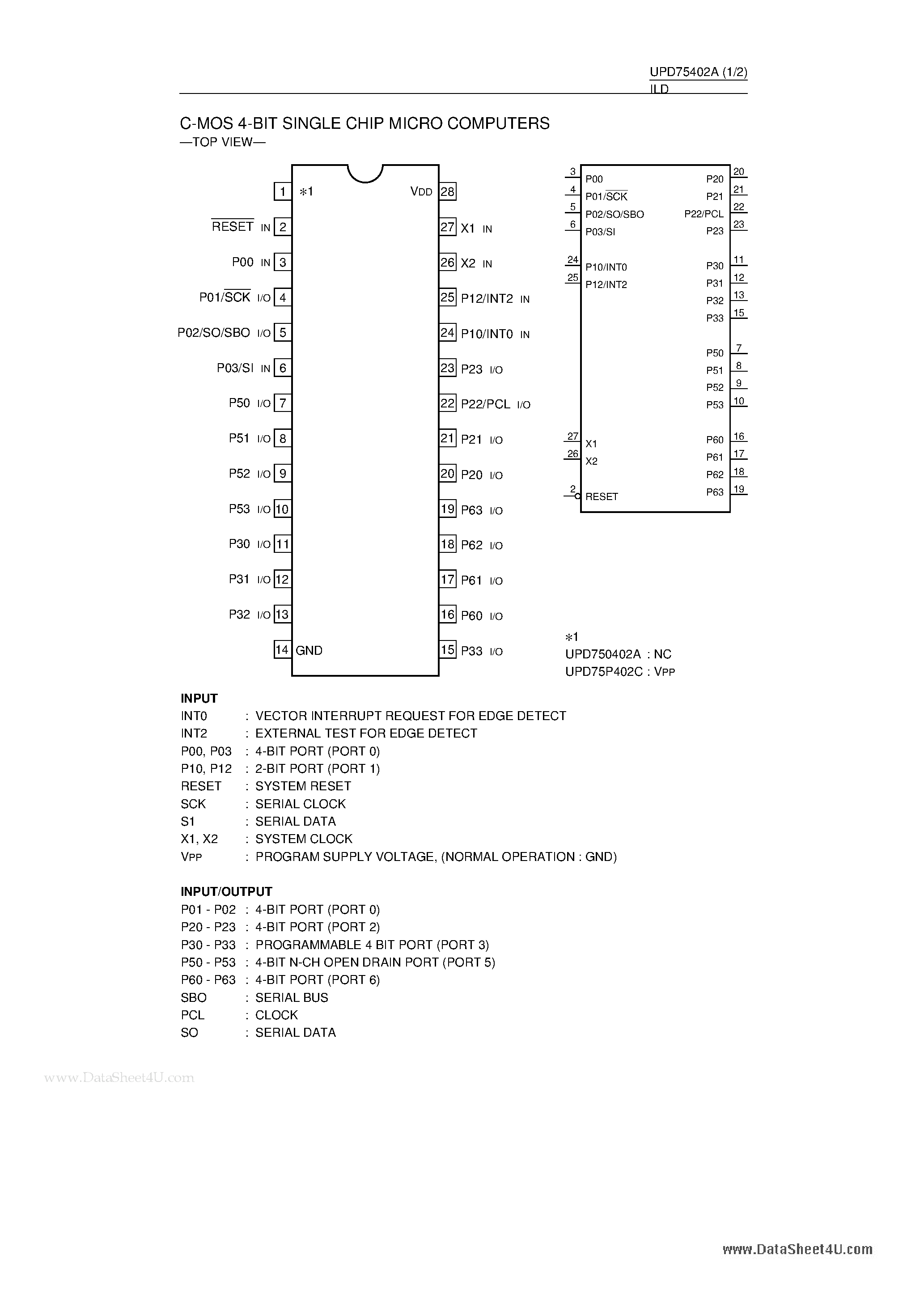 Datasheet UPD750402A - C-MOS 4-BIT SINGLE CHIP MICRO COMPUTERS page 1