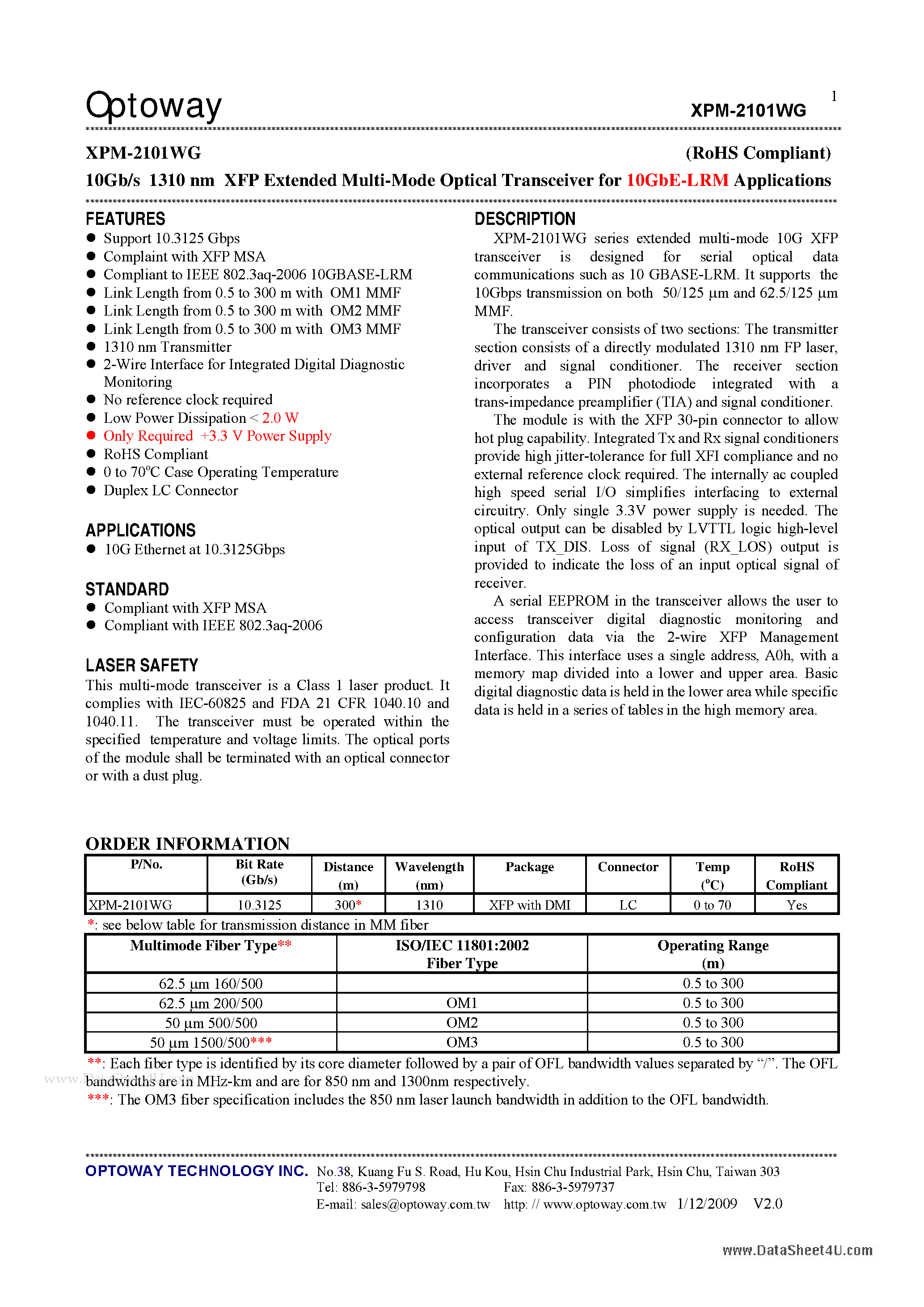 Datasheet XPM-2101WG - 10Gb/s 1310 nm XFP Extended Multi-Mode Optical Transceiver page 1