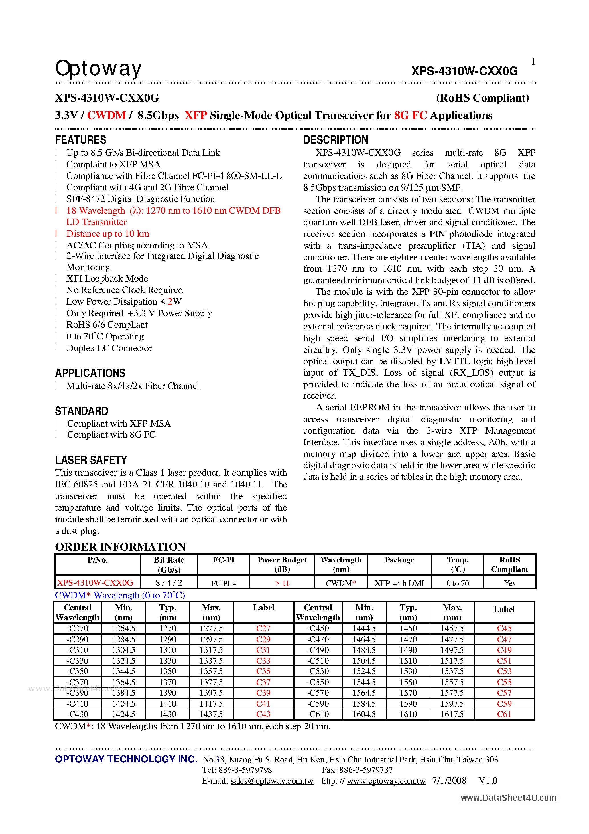 Datasheet XPS-4310W-CXX0G - 3.3V / CWDM / 8.5Gbps XFP Single-Mode Optical Transceiver page 1