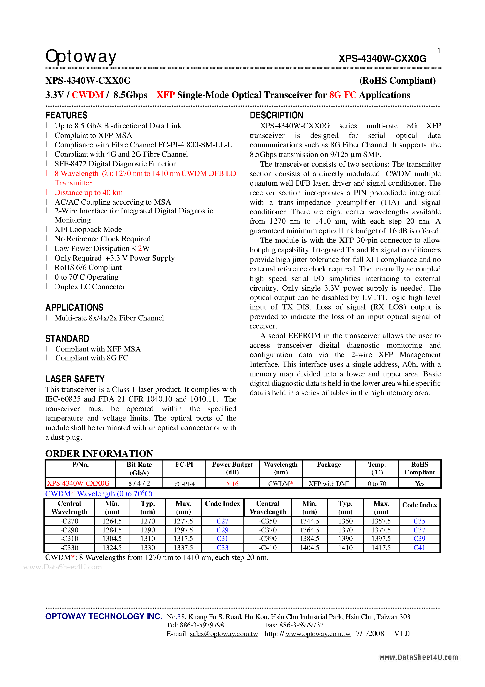 Datasheet XPS-4340W-CXX0G - 3.3V / CWDM / 8.5Gbps XFP Single-Mode Optical Transceiver page 1