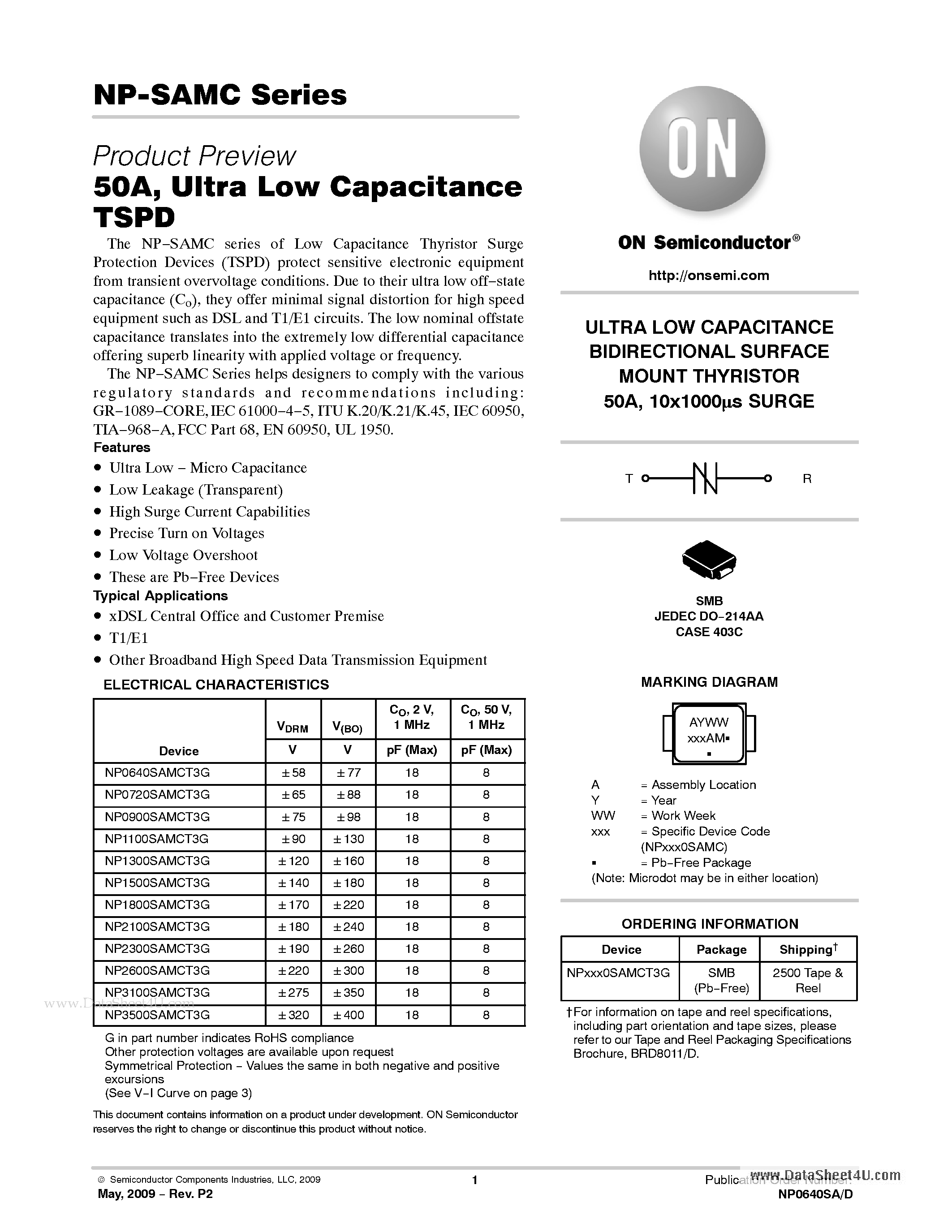 Datasheet NP-SAMC - 50A / Ultra Low Capacitance TSPD page 1