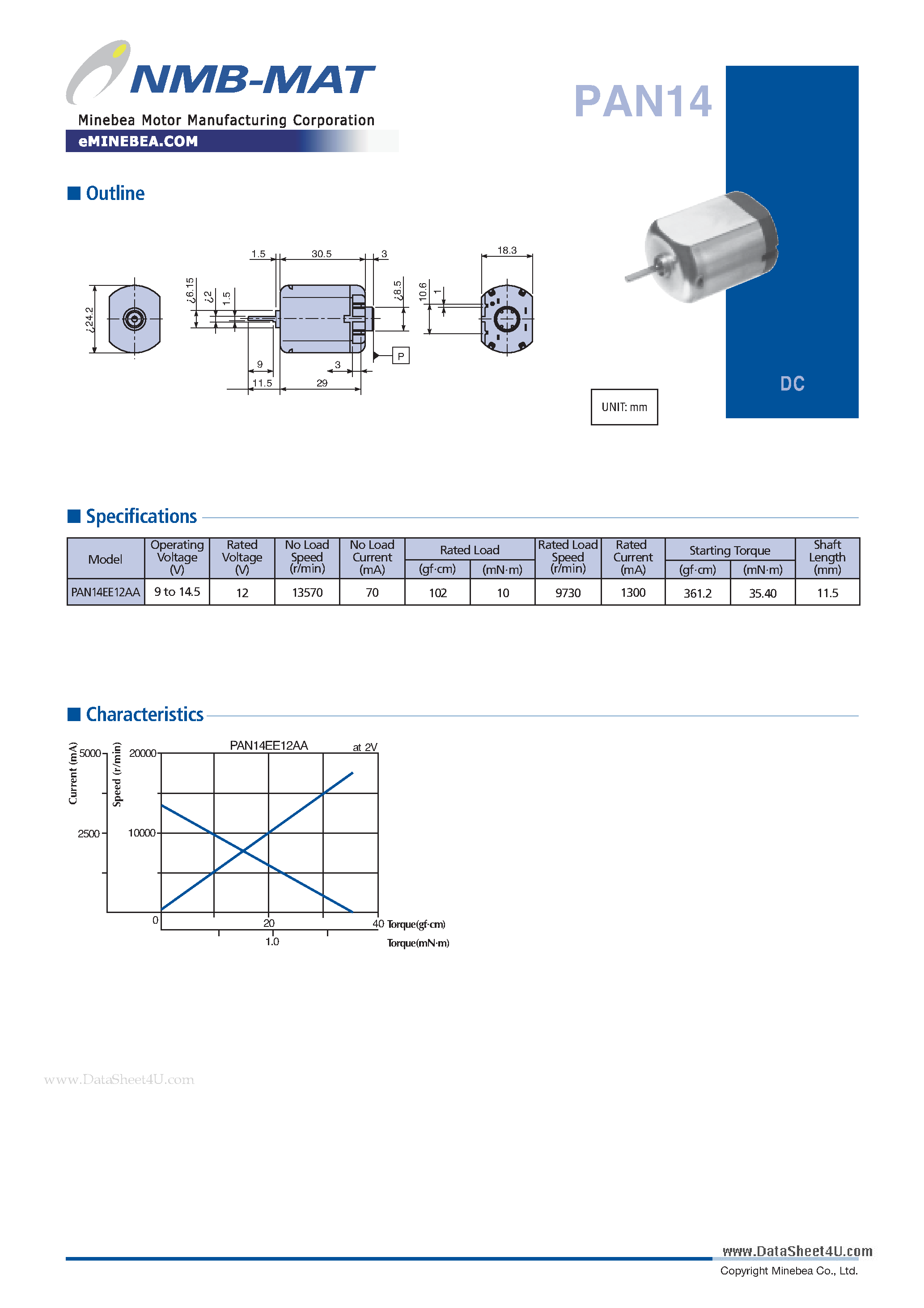 Datasheet PAN14 - Minibea Motor page 1