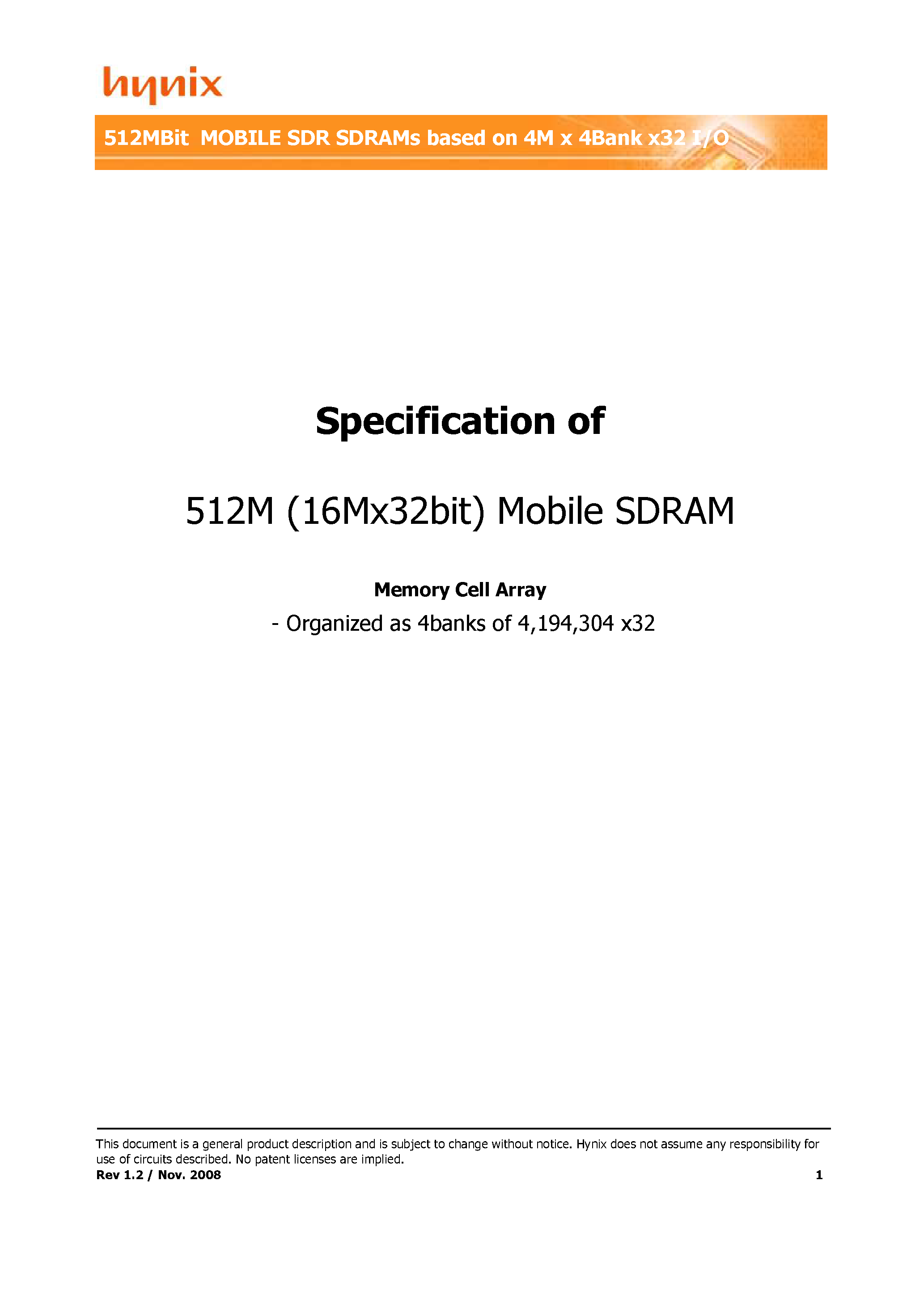 Даташит HY5S7B2ALFP-6 - 512M (16Mx32bit) Mobile SDRAM страница 1