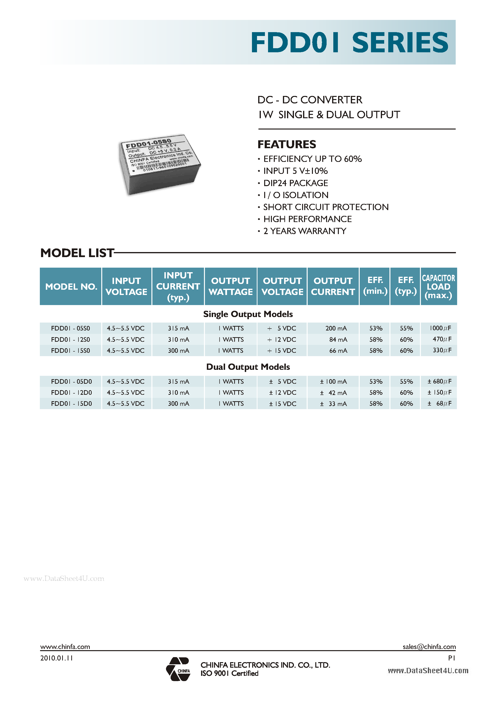 Datasheet FDD01 - DC - AC CONCERTER 1W SINGLE & DUAL OUTPUT page 1