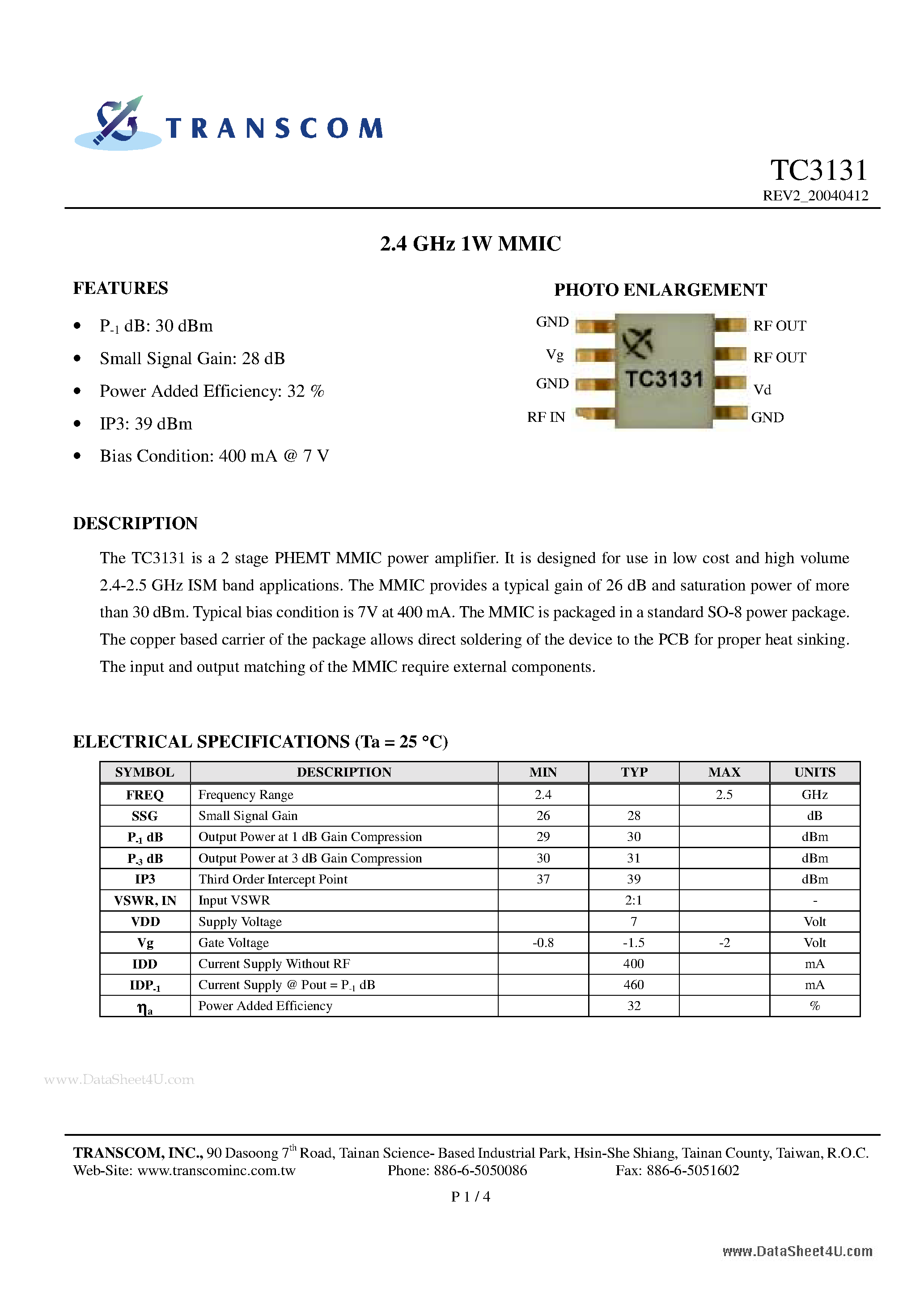 Datasheet TC3131 - 2.4 GHz 1W MMIC page 1