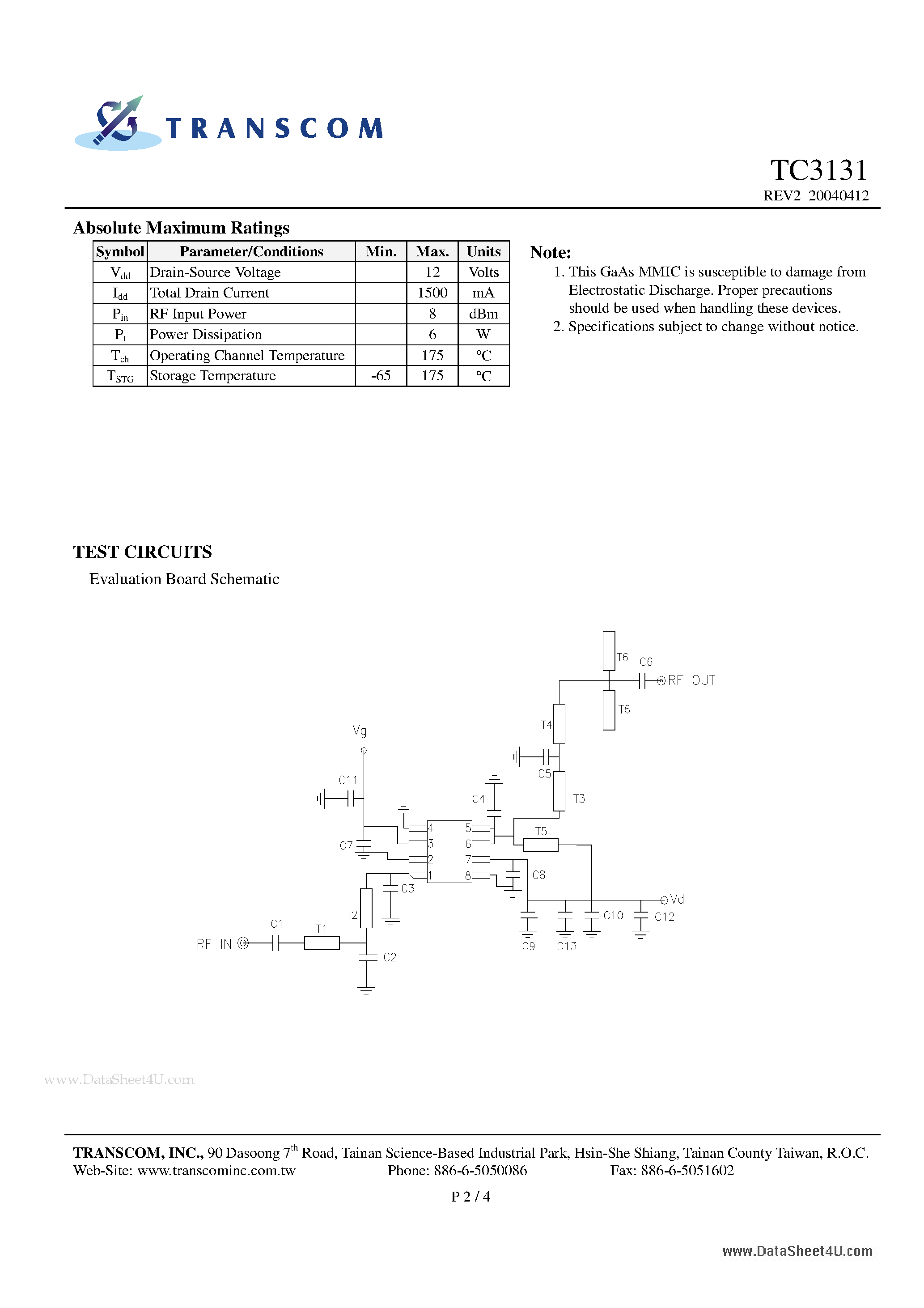 Datasheet TC3131 - 2.4 GHz 1W MMIC page 2