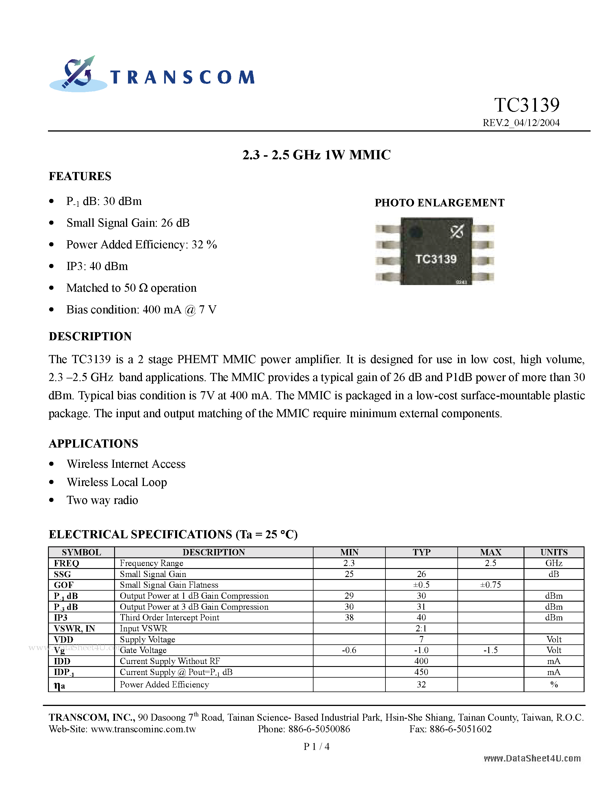 Даташит TC3139 - 2.3 - 2.5 GHz 1W MMIC страница 1