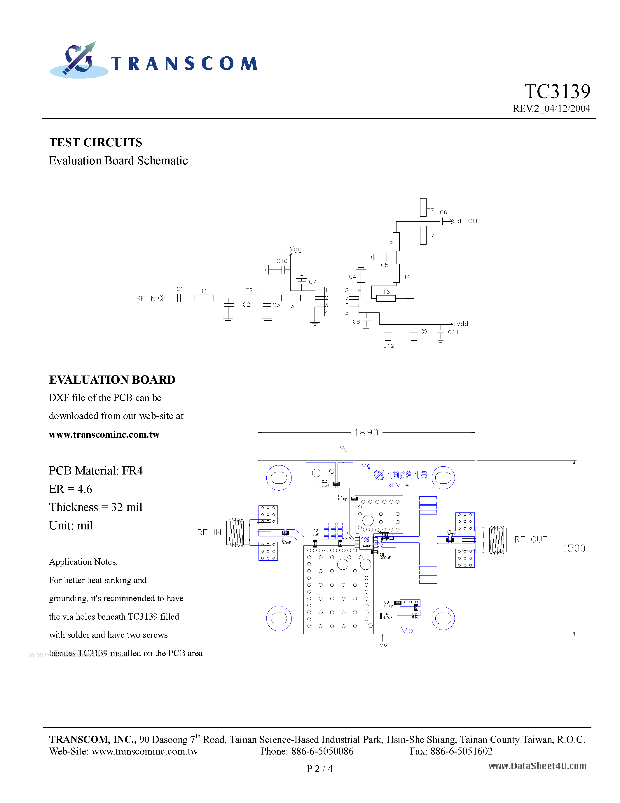 Datasheet TC3139 - 2.3 - 2.5 GHz 1W MMIC page 2