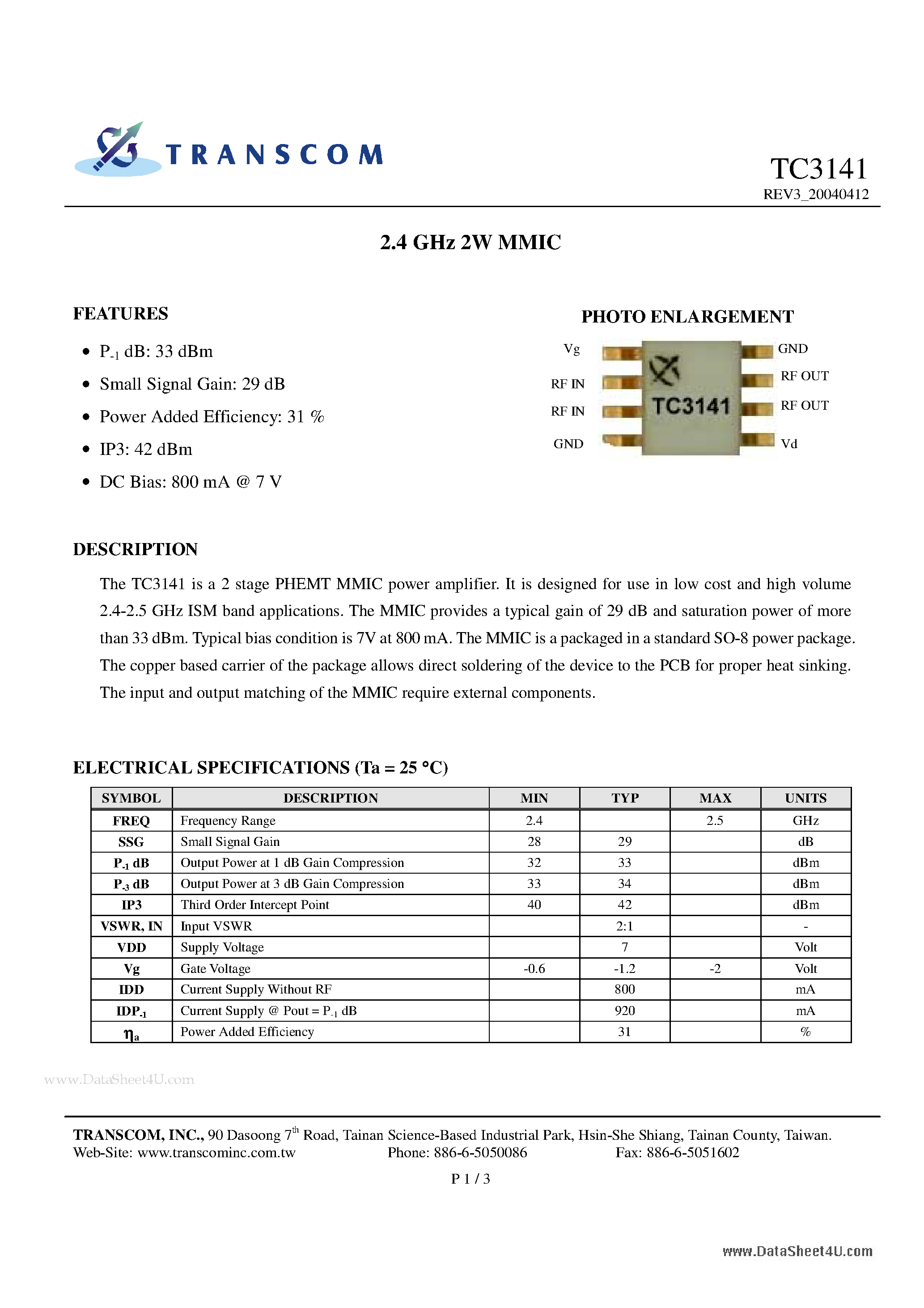 Datasheet TC3141 - 2.4 GHz 2W MMIC page 1