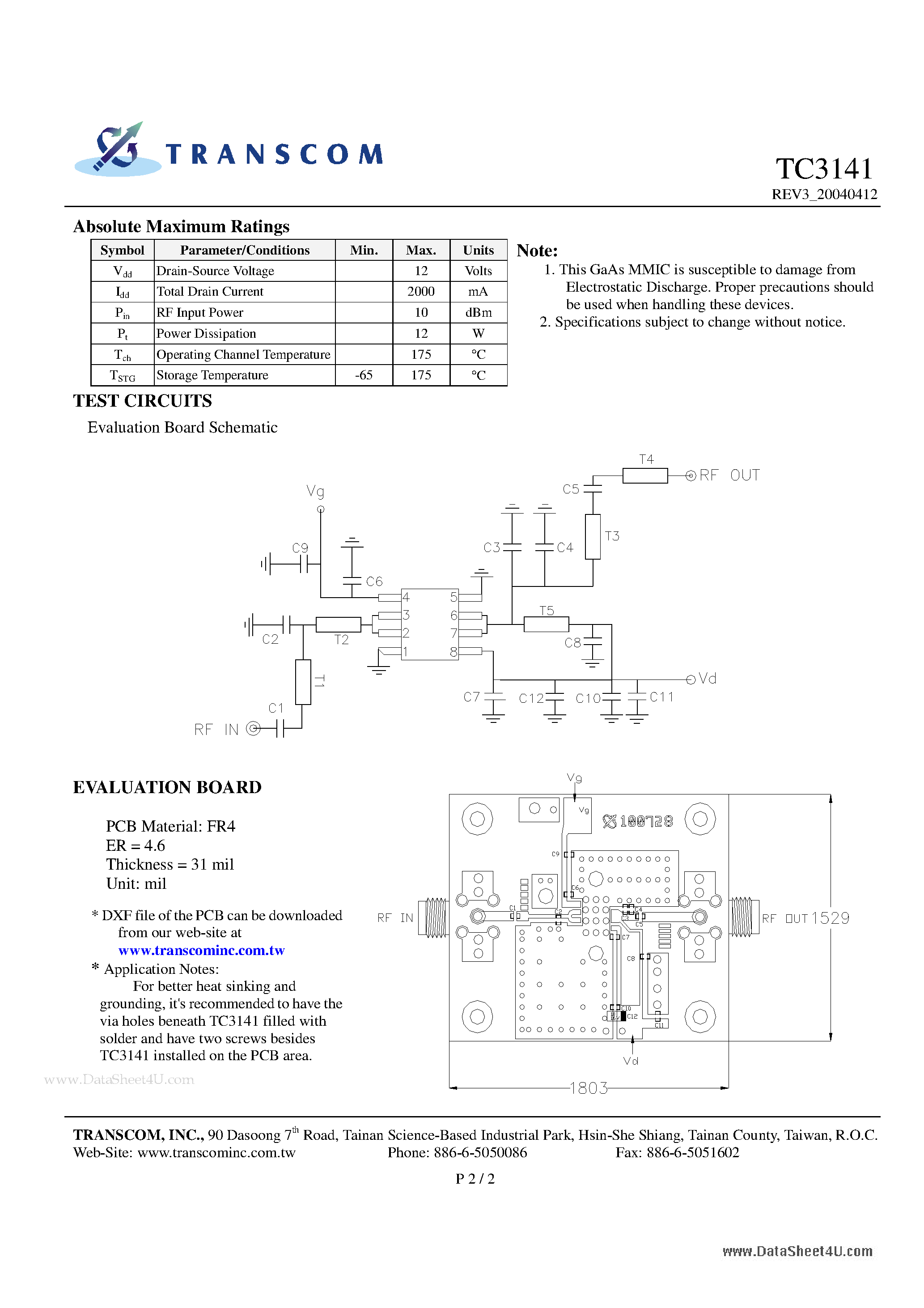 Datasheet TC3141 - 2.4 GHz 2W MMIC page 2