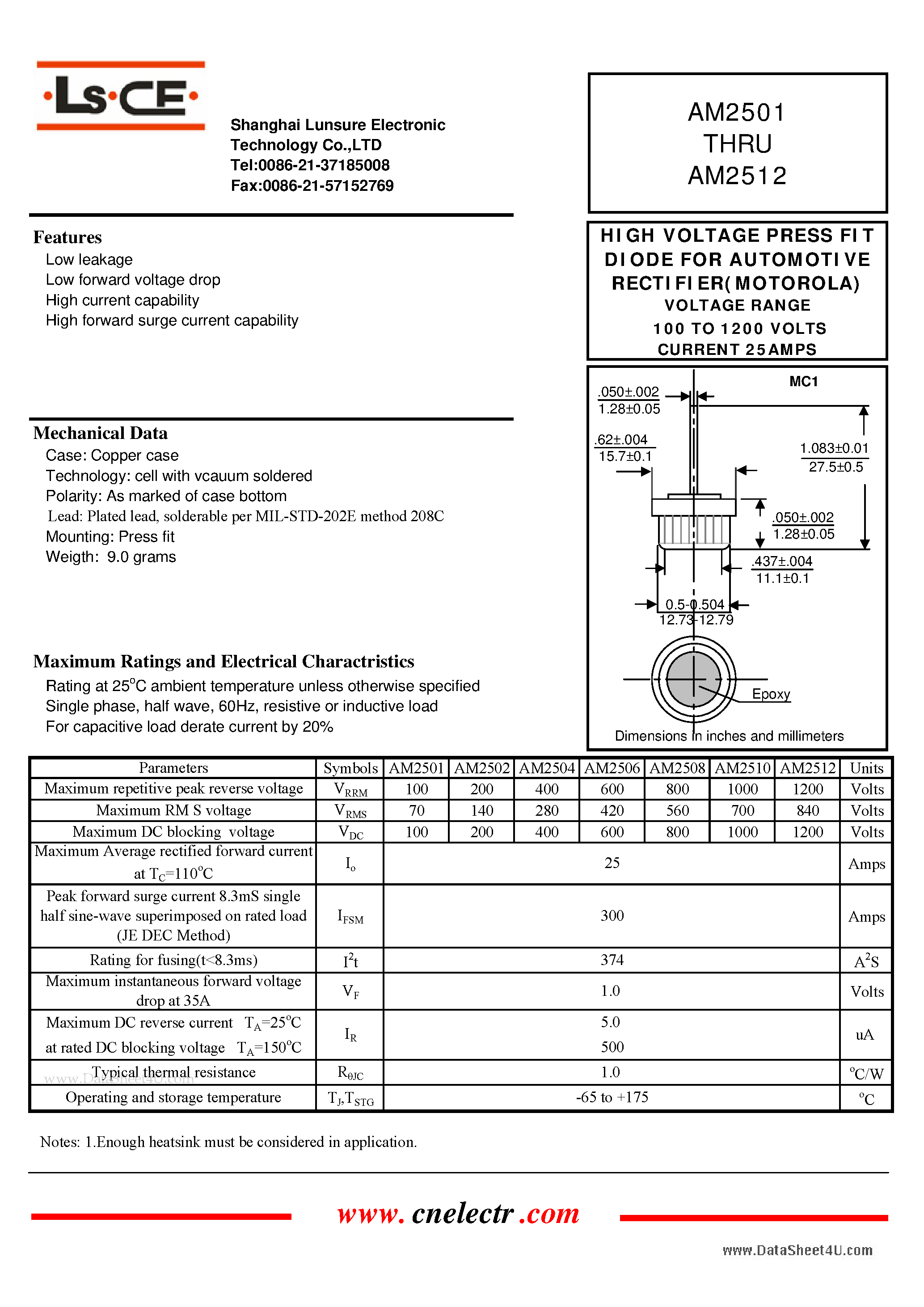 Datasheet AM2501 - (AM2501 - AM2512) HIGH VOLTAGE PRESS FIT DIODE FOR AUTOMOTIVE RECTIFIER page 1