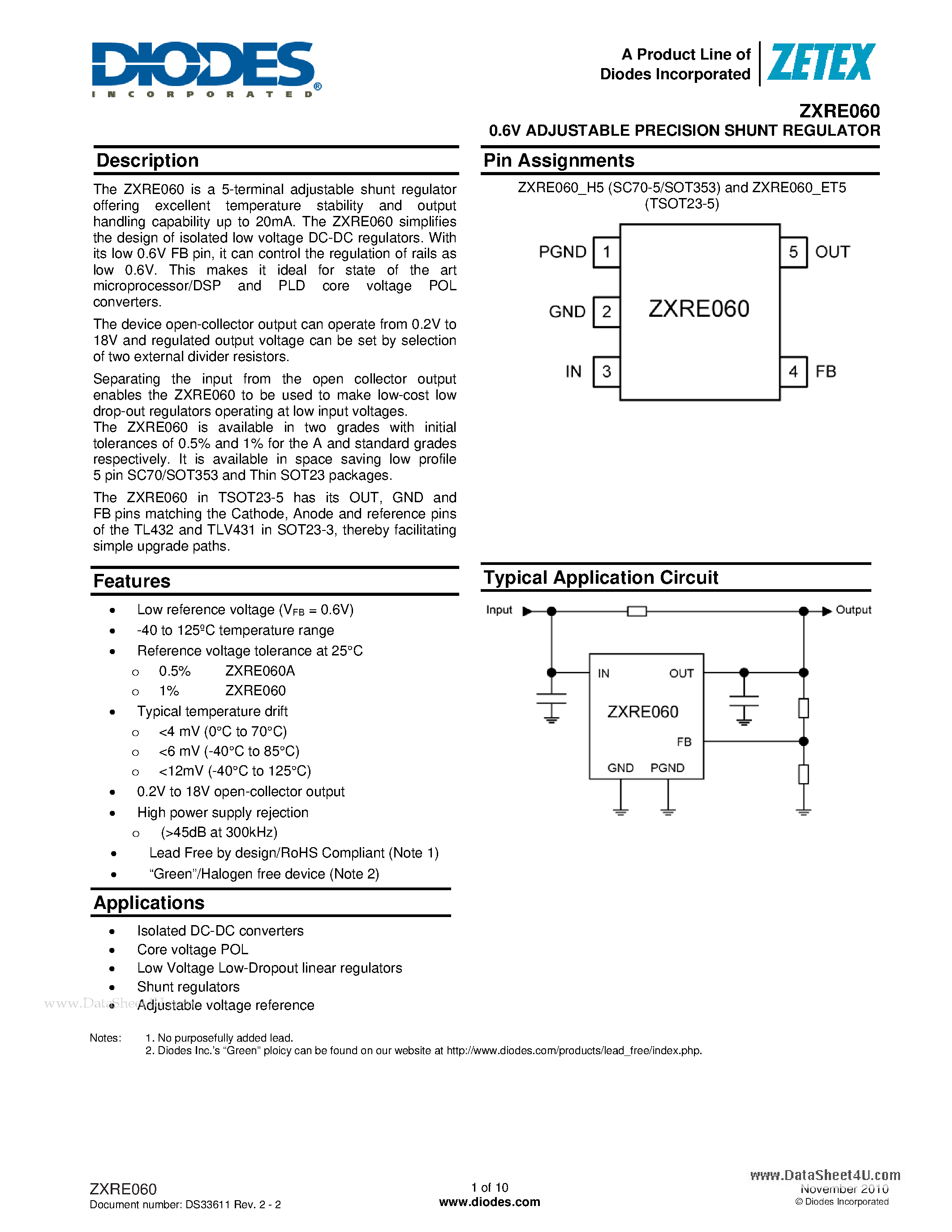 Даташит ZXRE060 - 0.6V ADJUSTABLE PRECISION SHUNT REGULATOR страница 1
