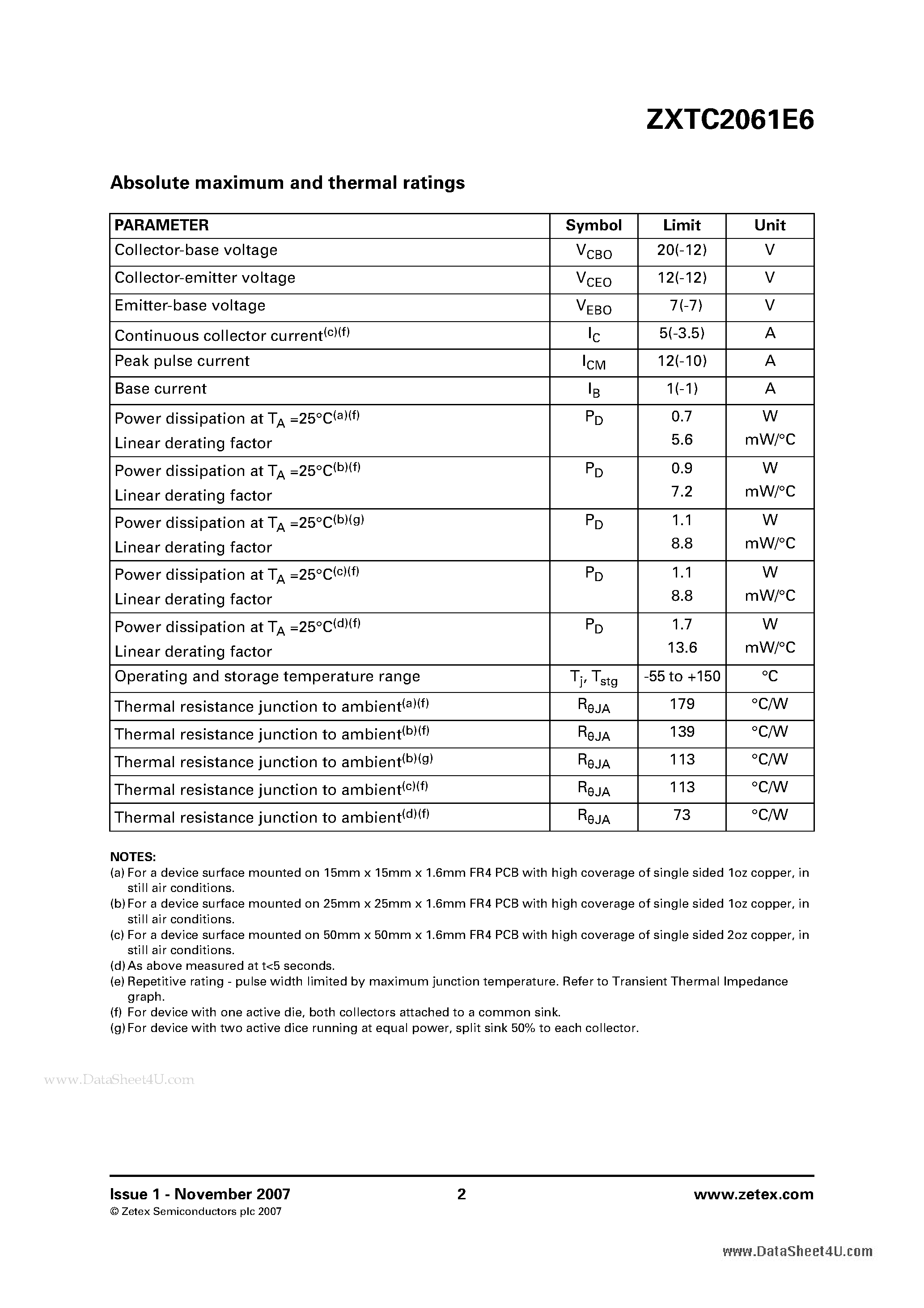 Datasheet ZXTC2061E6 - 12V SOT23-6 complementary medium power transistors page 2
