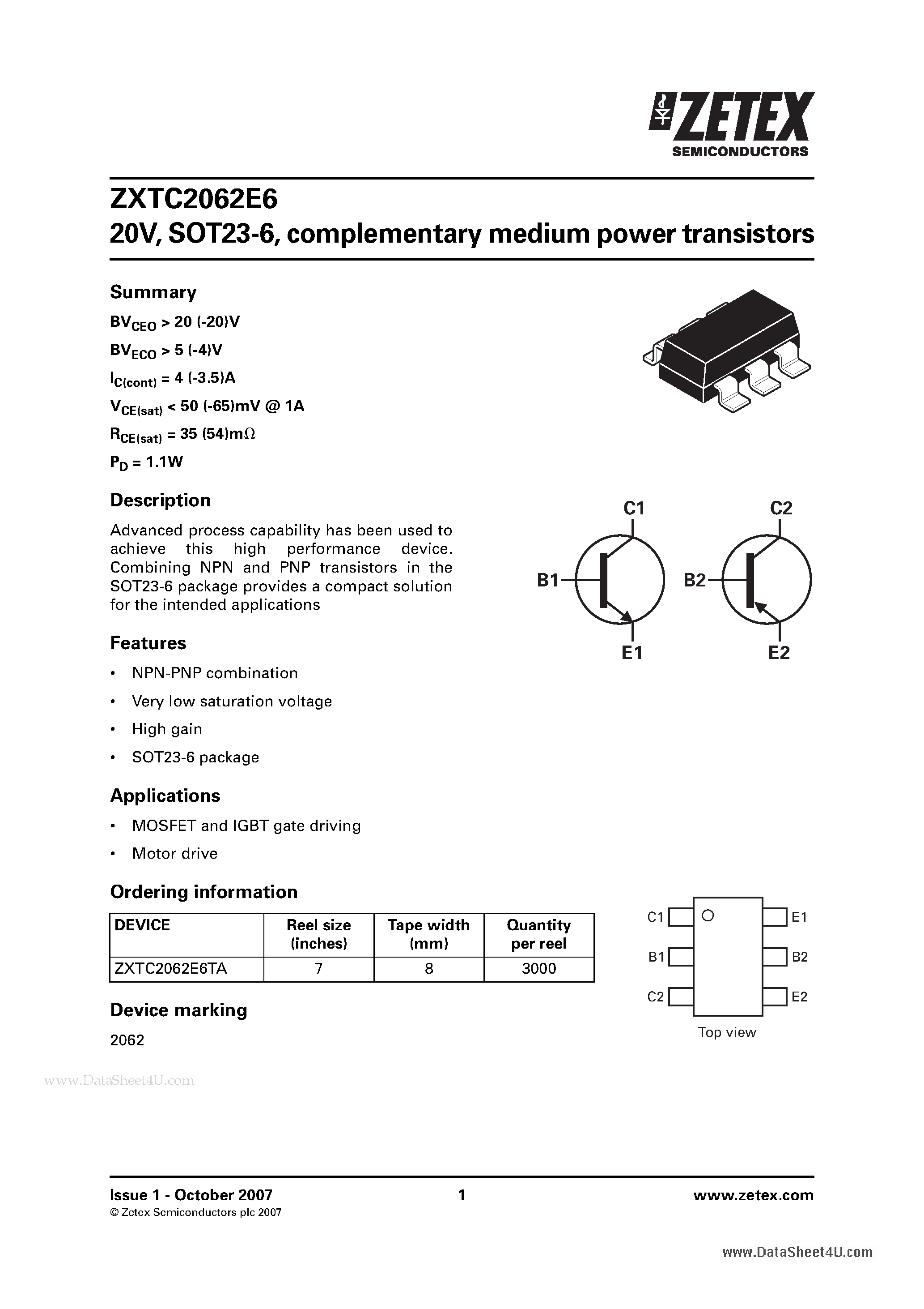 Datasheet ZXTC2062E6 - 20V SOT23-6 complementary medium power transistors page 1
