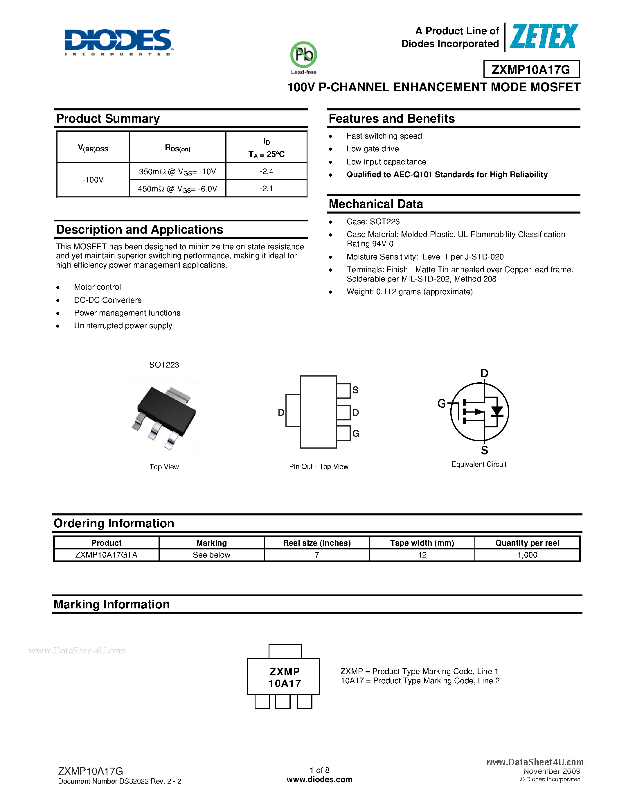 Datasheet ZXMP10A17G - 100V P-CHANNEL ENHANCEMENT MODE MOSFET page 1