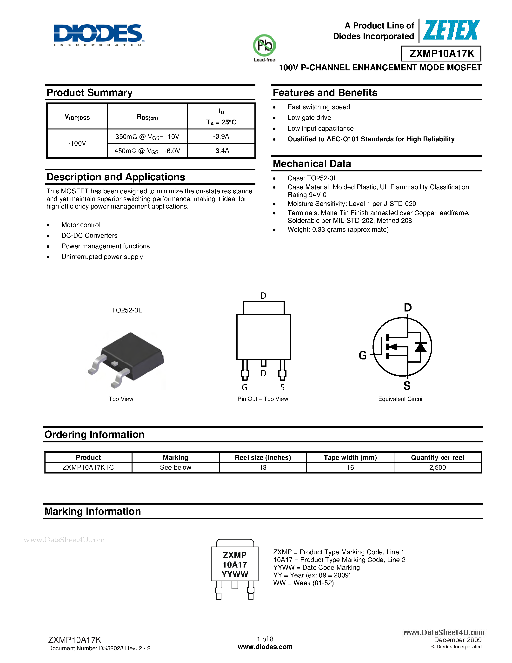 Datasheet ZXMP10A17K - 100V P-CHANNEL ENHANCEMENT MODE MOSFET page 1