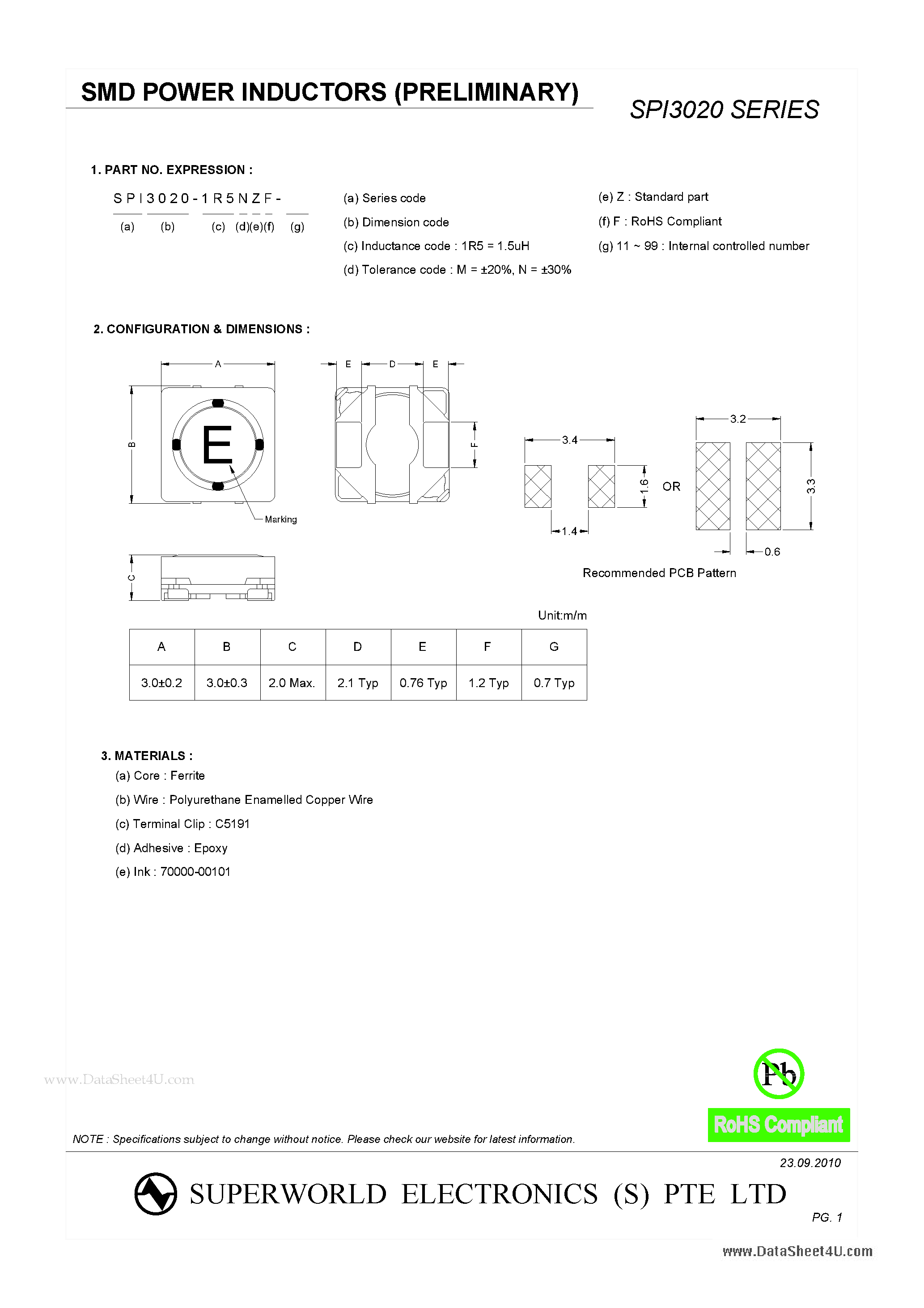 Datasheet SPI3020 - SMD POWER INDUCTORS page 1