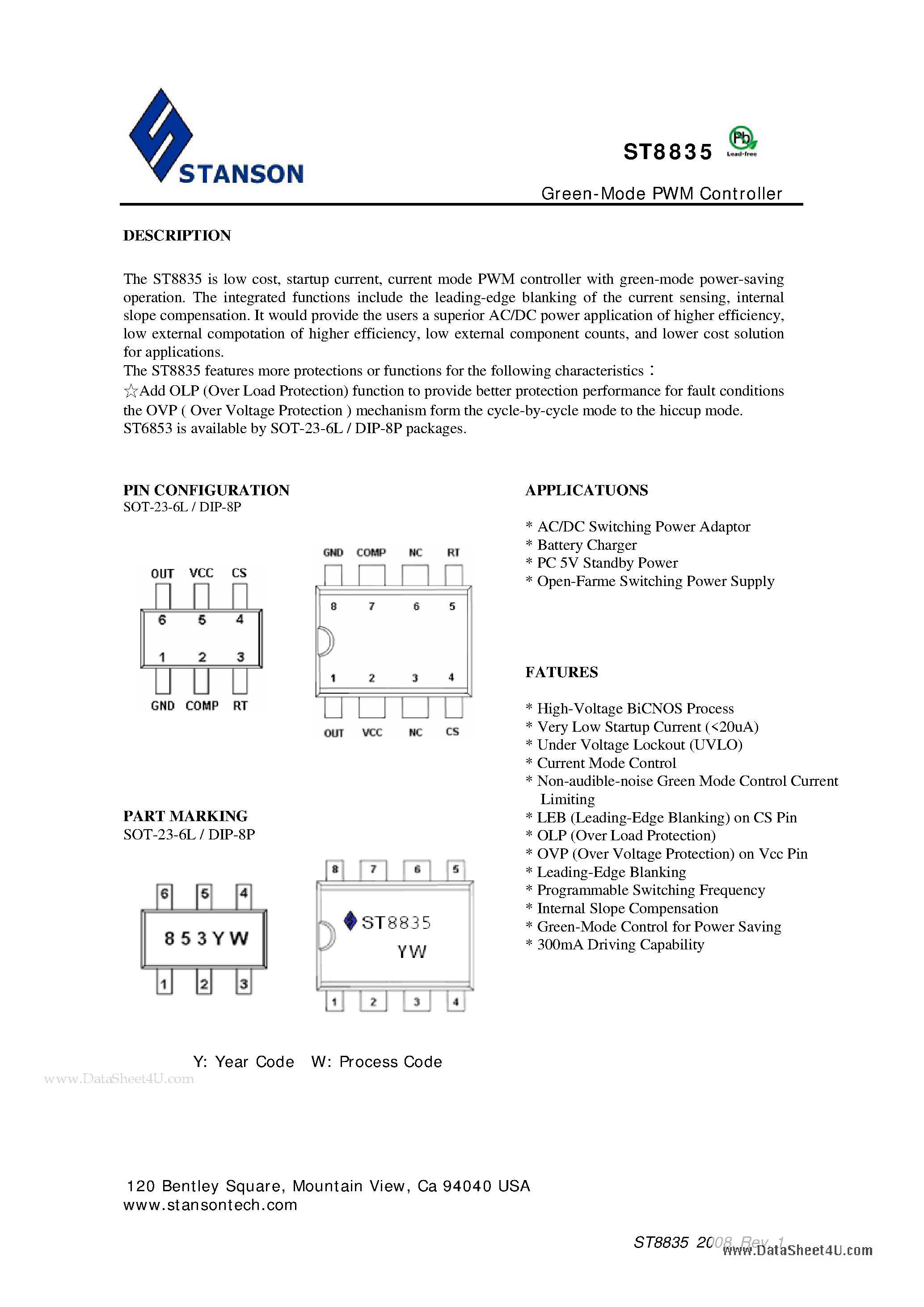 Datasheet ST8835 - Green-Mode PWM Controller page 1