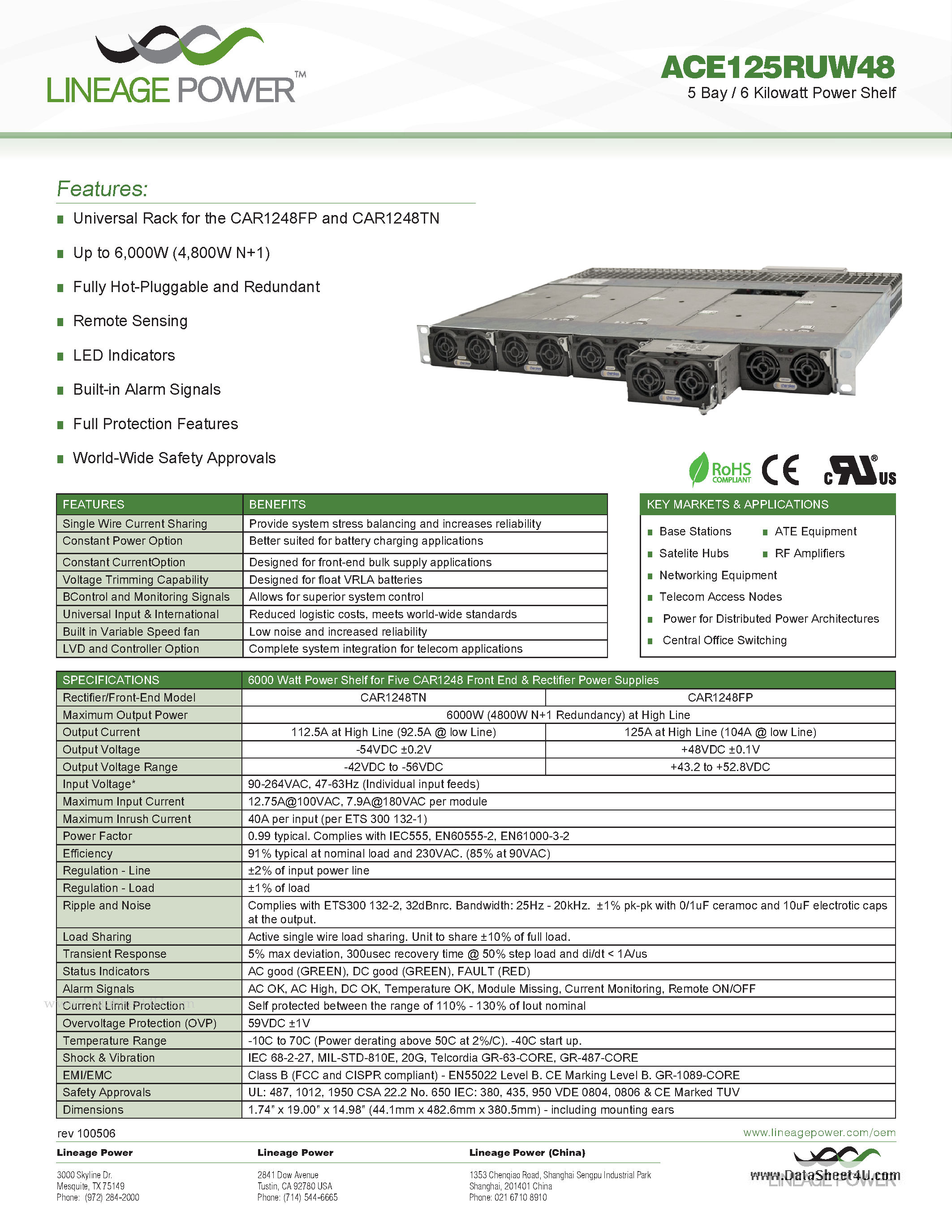 Datasheet ACE125RUW48 - 5 Bay / 6 Kilowatt Power Shelf page 1