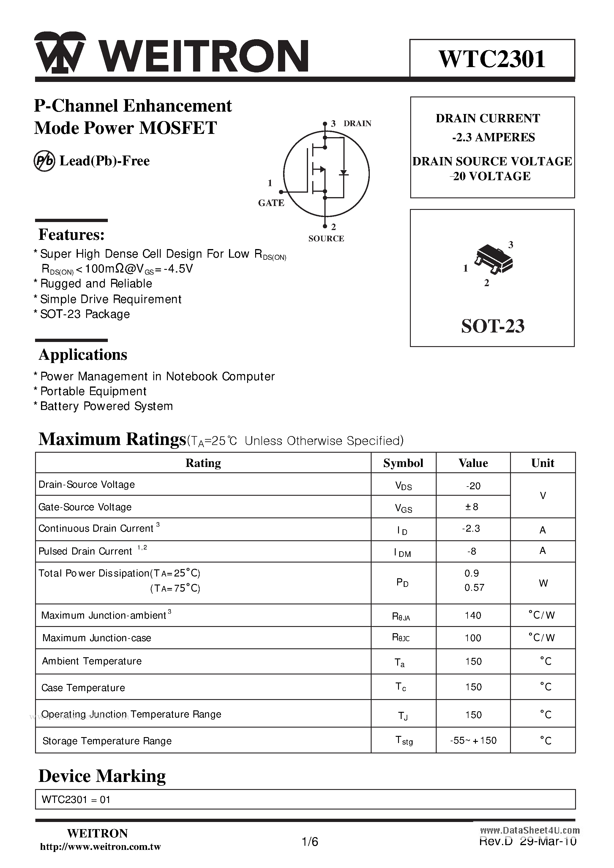 Даташит WTC2301 - P-Channel Enhancement Mode Power MOSFET страница 1