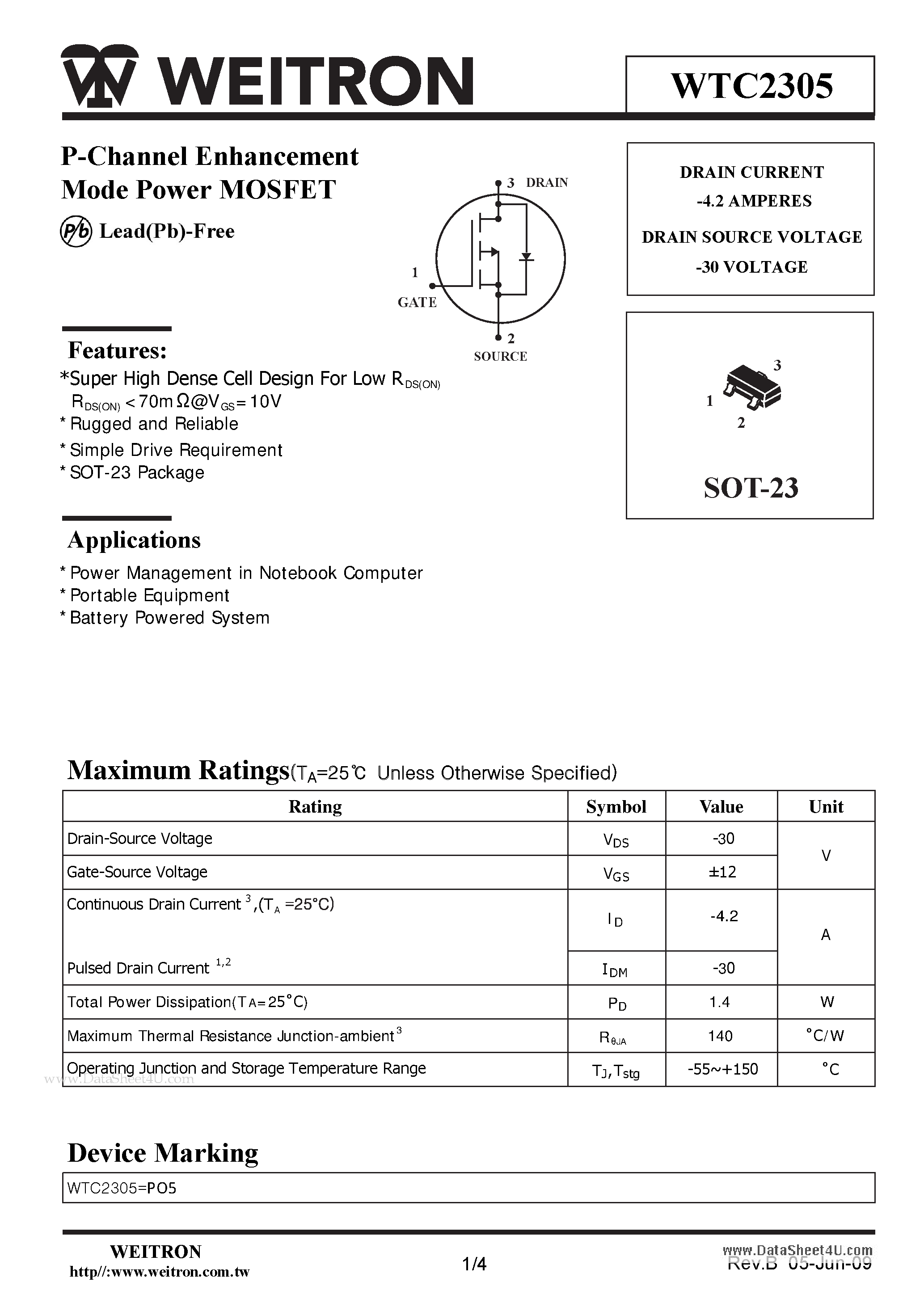 Datasheet WTC2305 - P-Channel Enhancement Mode Power MOSFET page 1