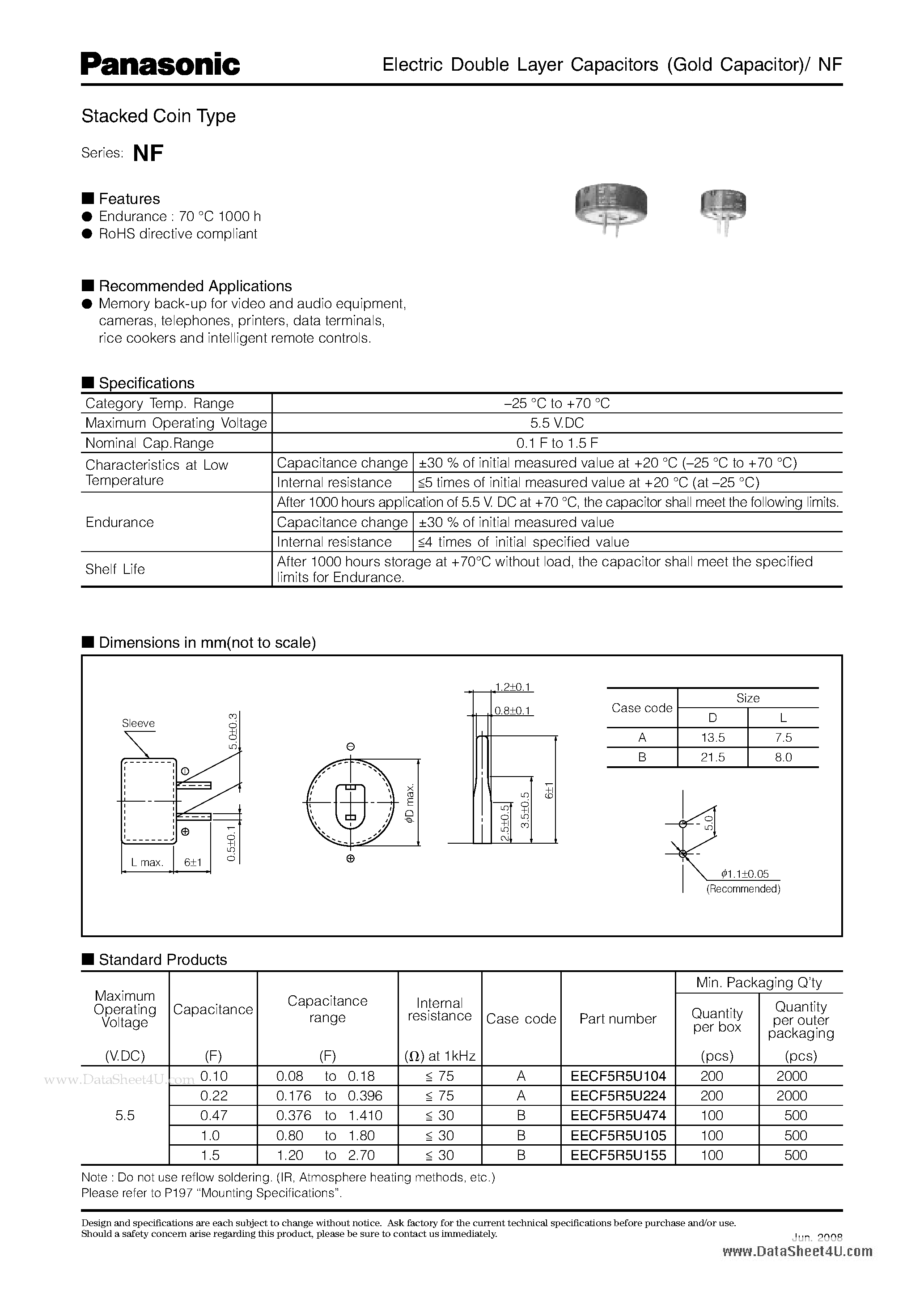 Datasheet EECF5R5U104 - Electric Double Layer Capacitors (Gold Capacitor)/ NF page 1