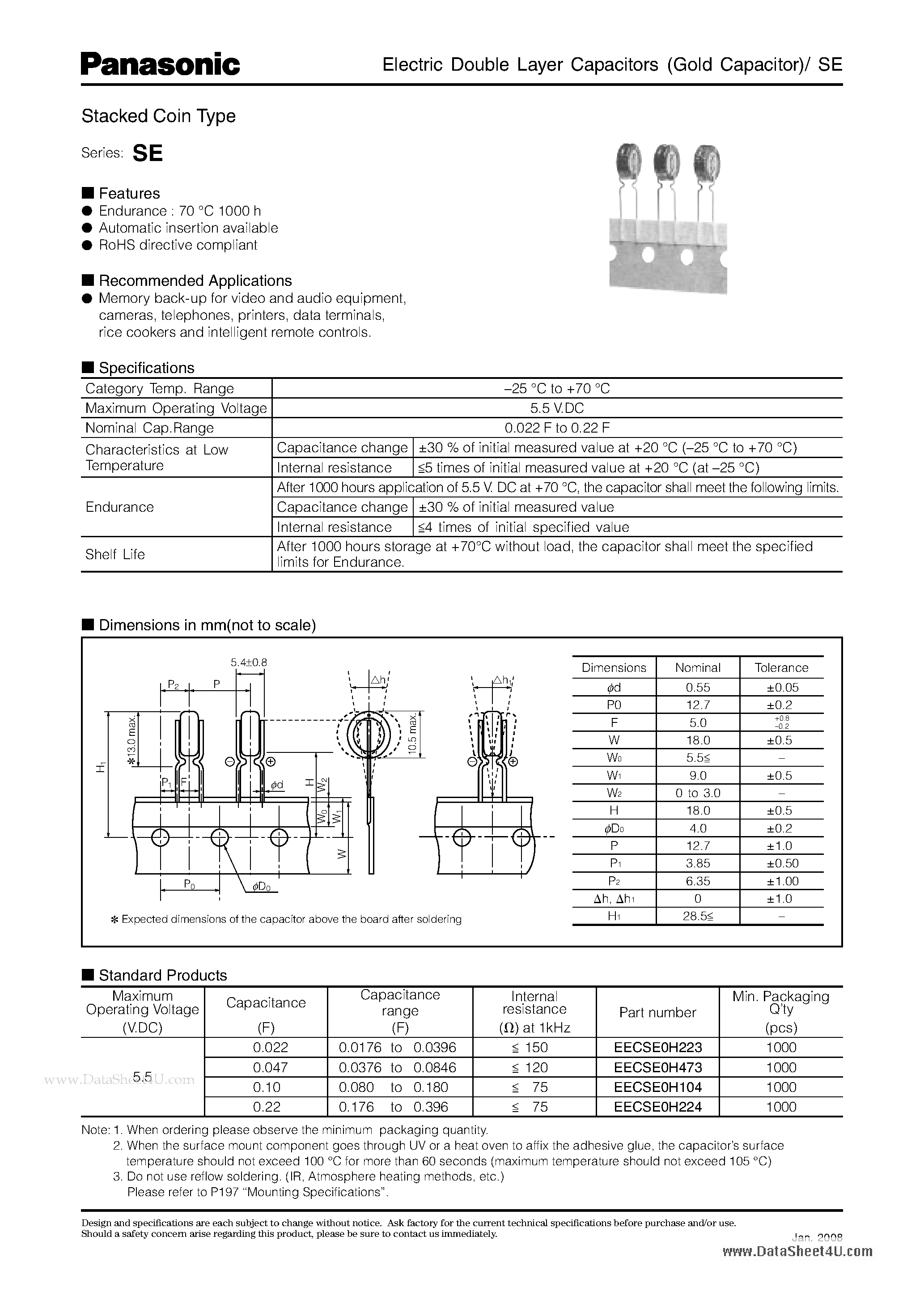 Datasheet EECSE0H223 - Electric Double Layer Capacitors (Gold Capacitor)/ SE page 1