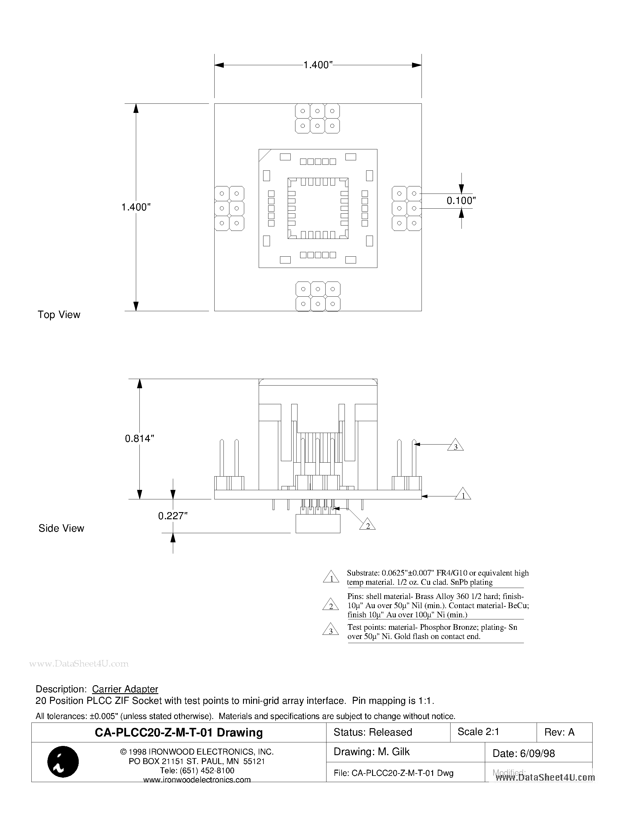 Datasheet CA-PLCC20-Z-M-T-01 - PLCC Carrier Adaptor page 1