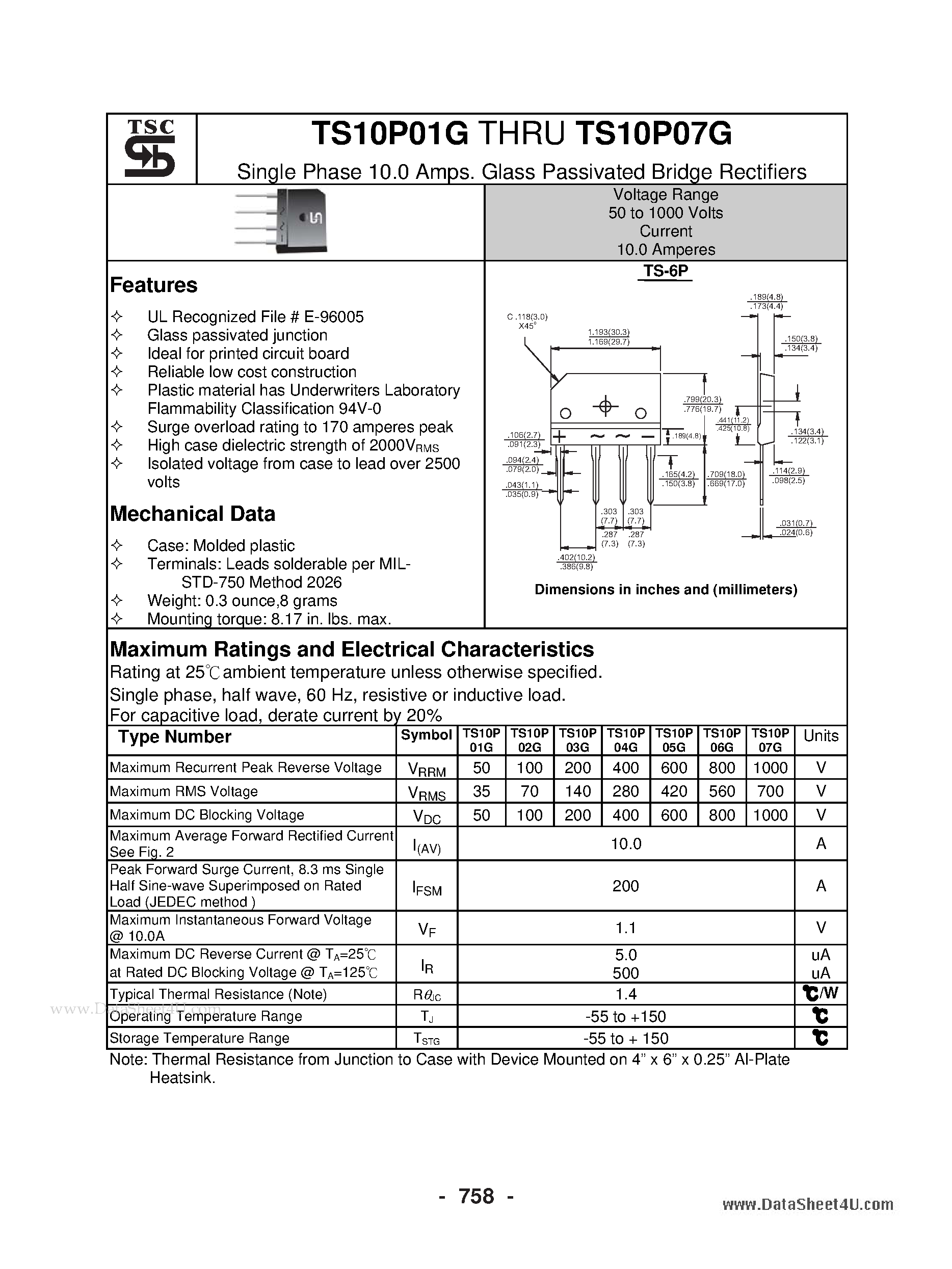 Даташит TS10P01G - (TS10P01G - TS10P07G) Glass Passivated Bridge Rectifiers страница 1