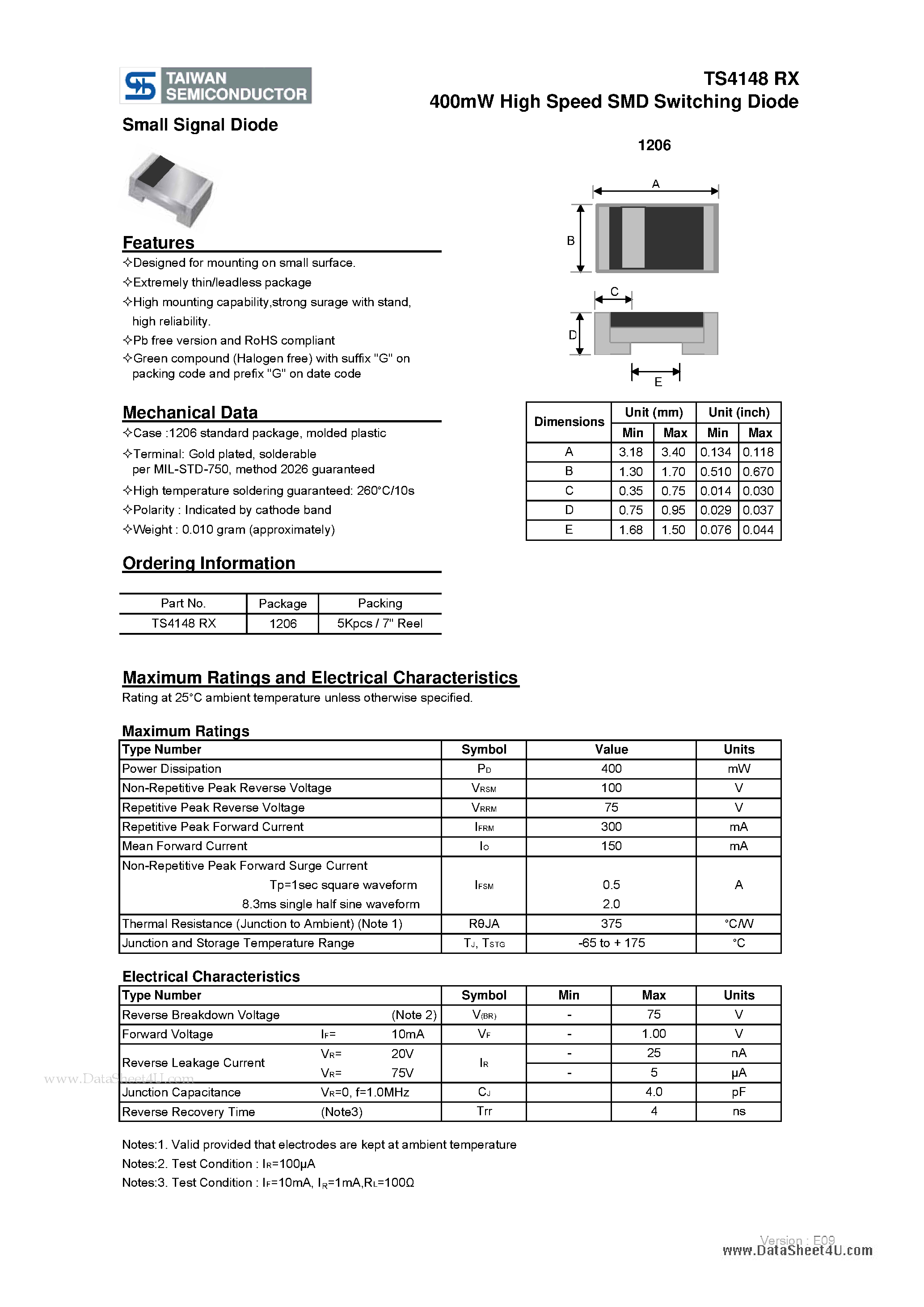 Datasheet TS4148RX - 400mW High Speed SMD Switching Diode page 1