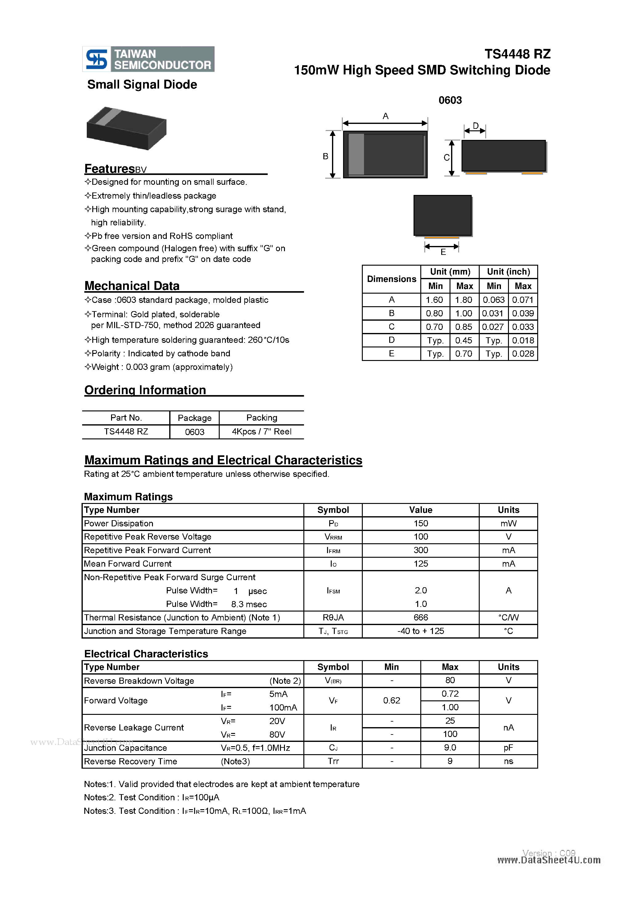 Datasheet TS4448RZ - 150mW High Speed SMD Switching Diode page 1