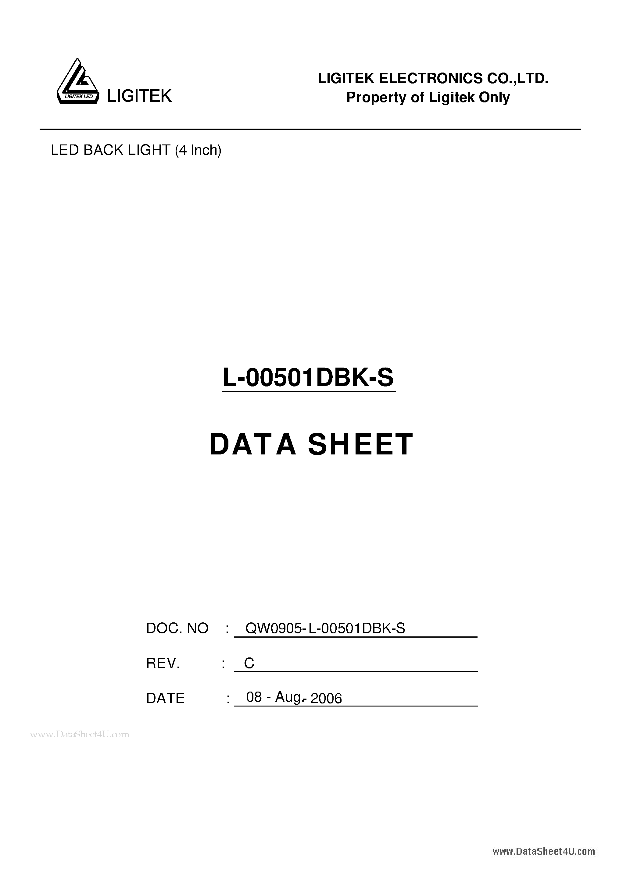 Datasheet L-00501DBK-S - LED BACK LIGHT (4 Inch) page 1