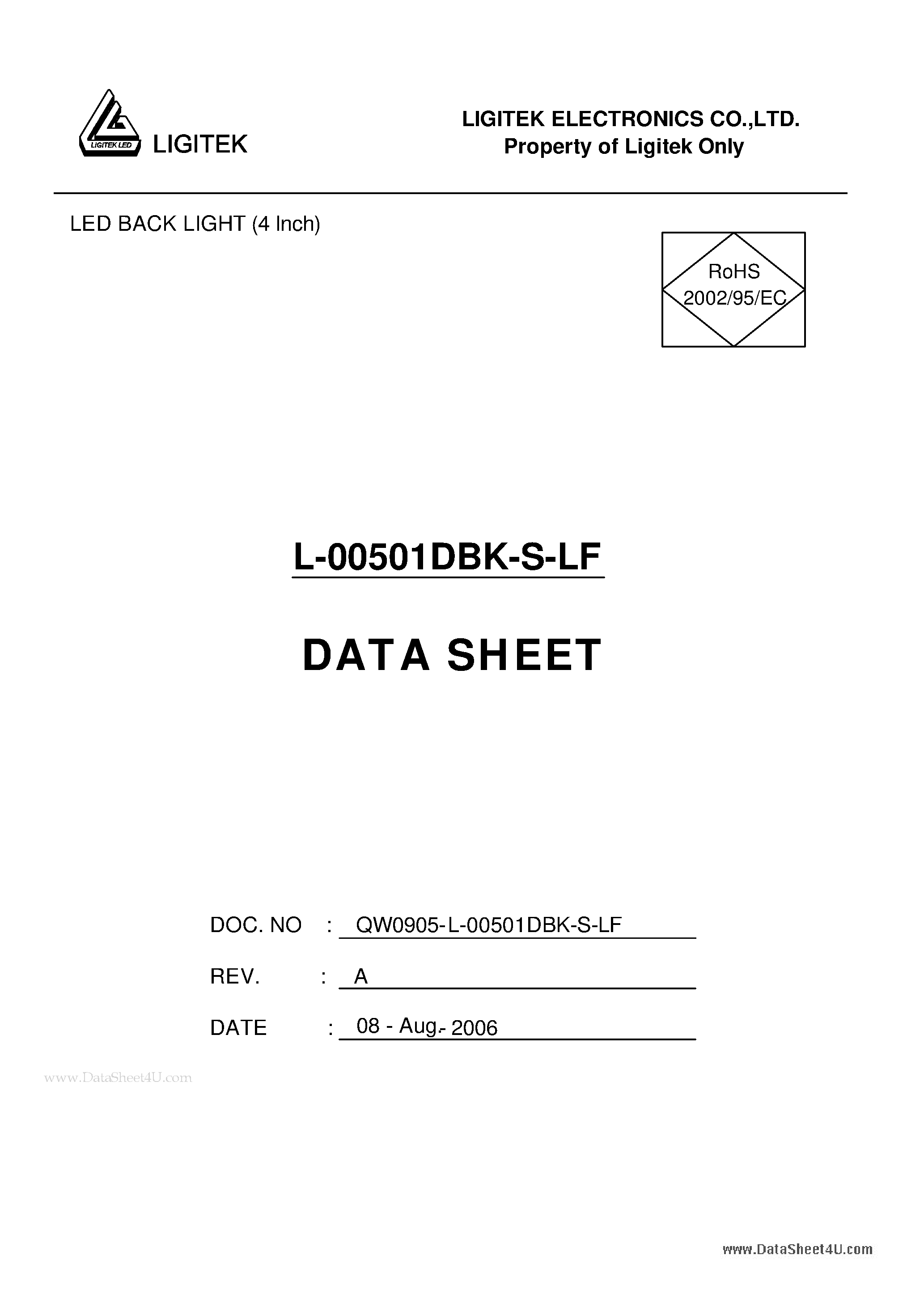 Datasheet L-00501DBK-S-LF - LED BACK LIGHT (4 Inch) page 1