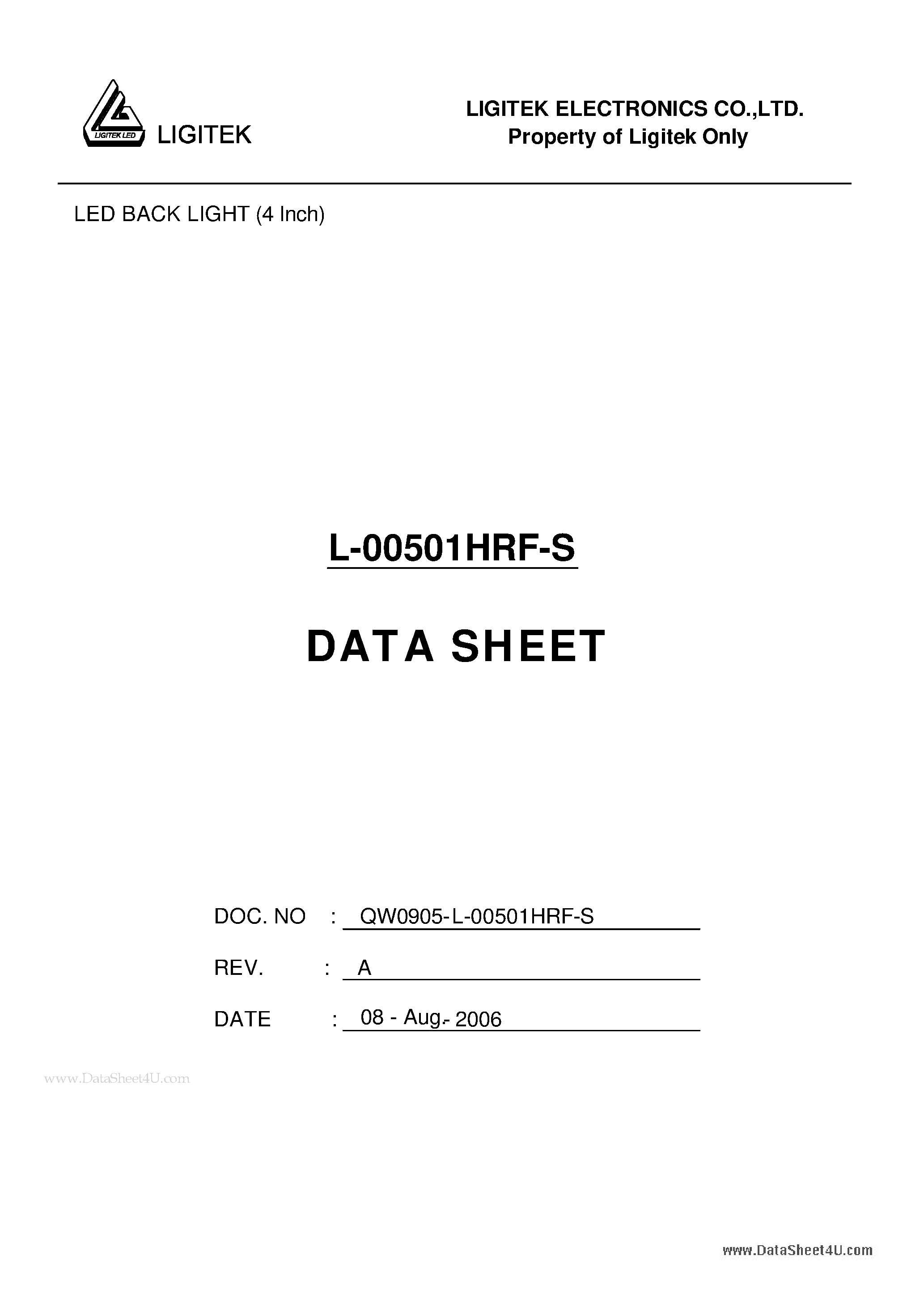 Datasheet L-00501HRF-S - LED BACK LIGHT (4 Inch) page 1