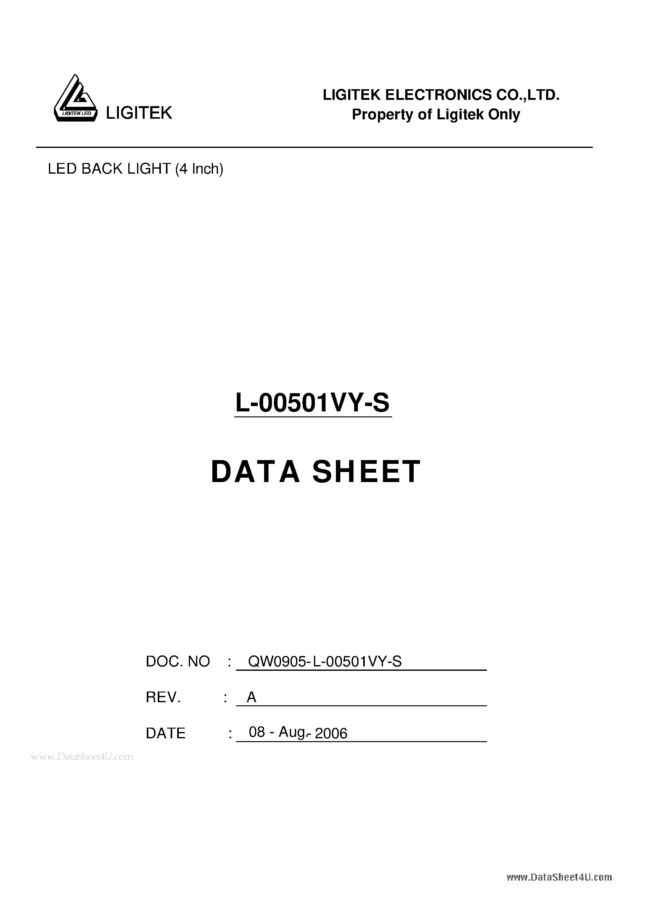 Datasheet L-00501VY-S - LED BACK LIGHT (4 Inch) page 1