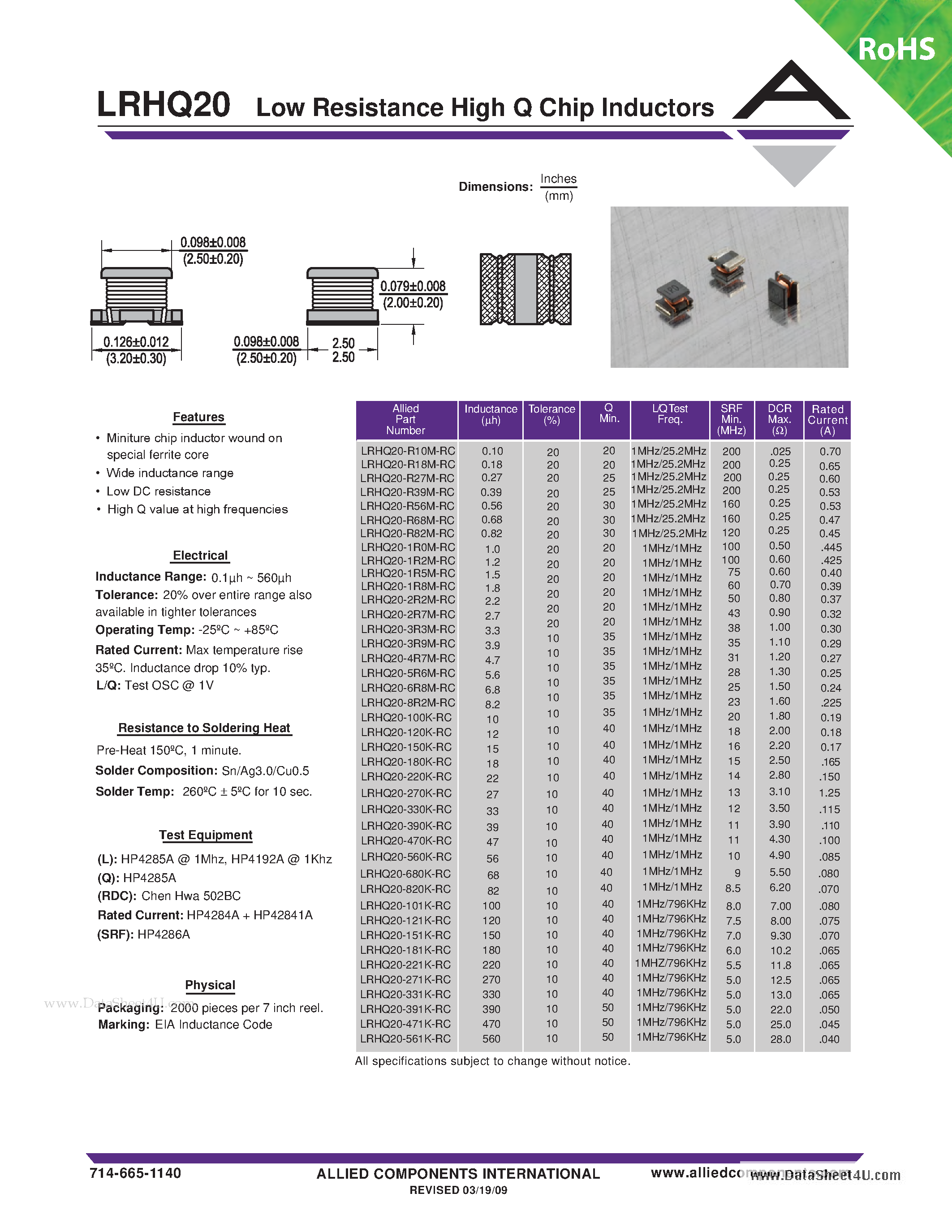 Даташит LRHQ20 - Low Resistance High Q Chip Inductors страница 1
