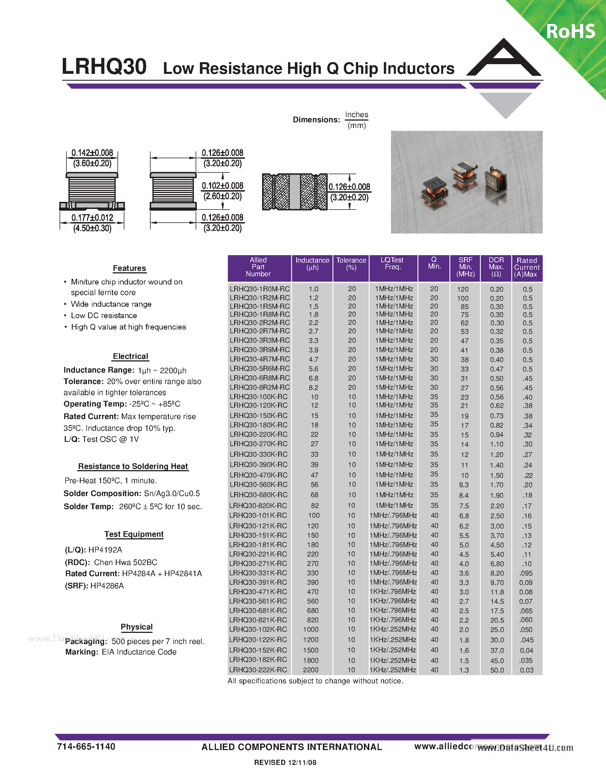 Даташит LRHQ30 - Low Resistance High Q Chip Inductors страница 1