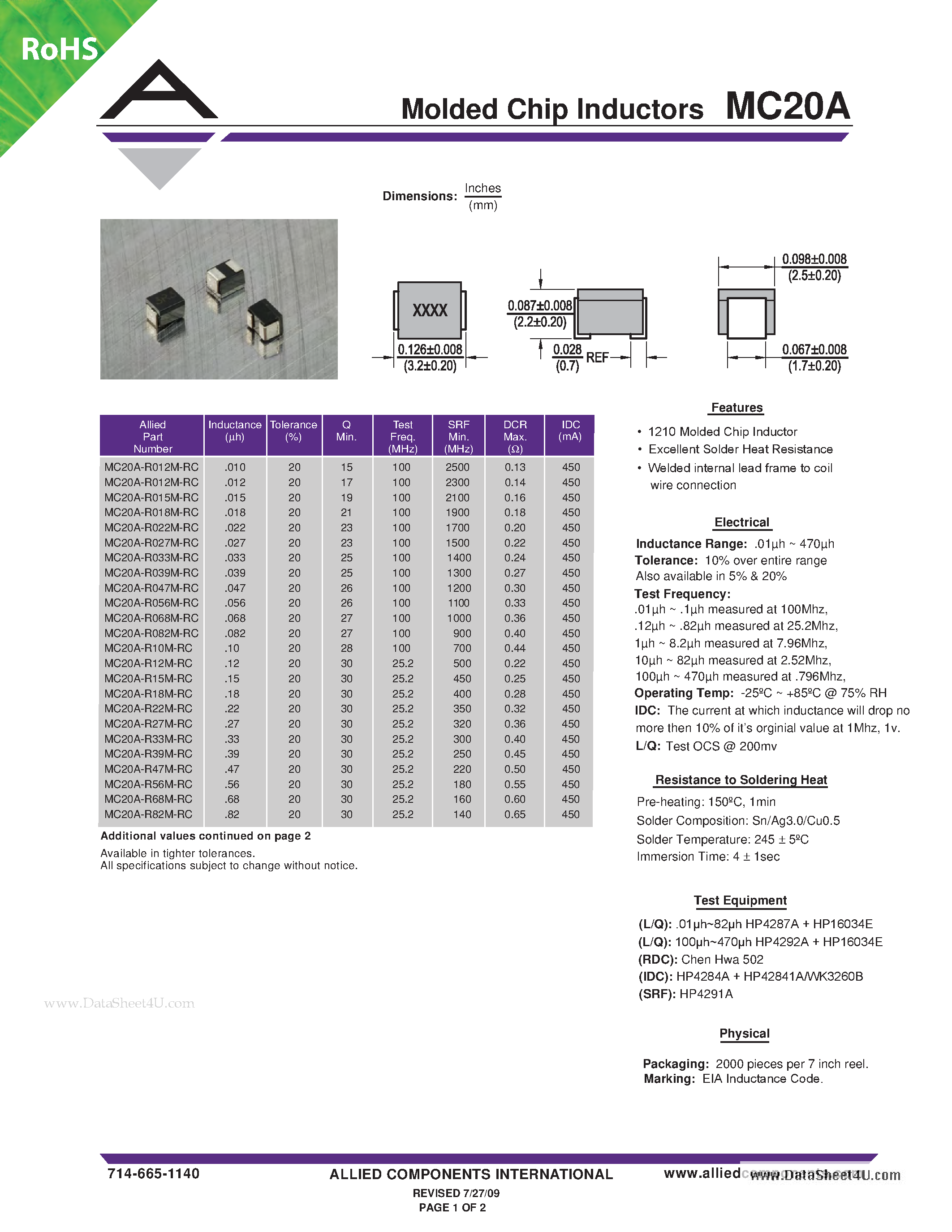 Даташит MC20A - Molded Chip Inductors страница 1