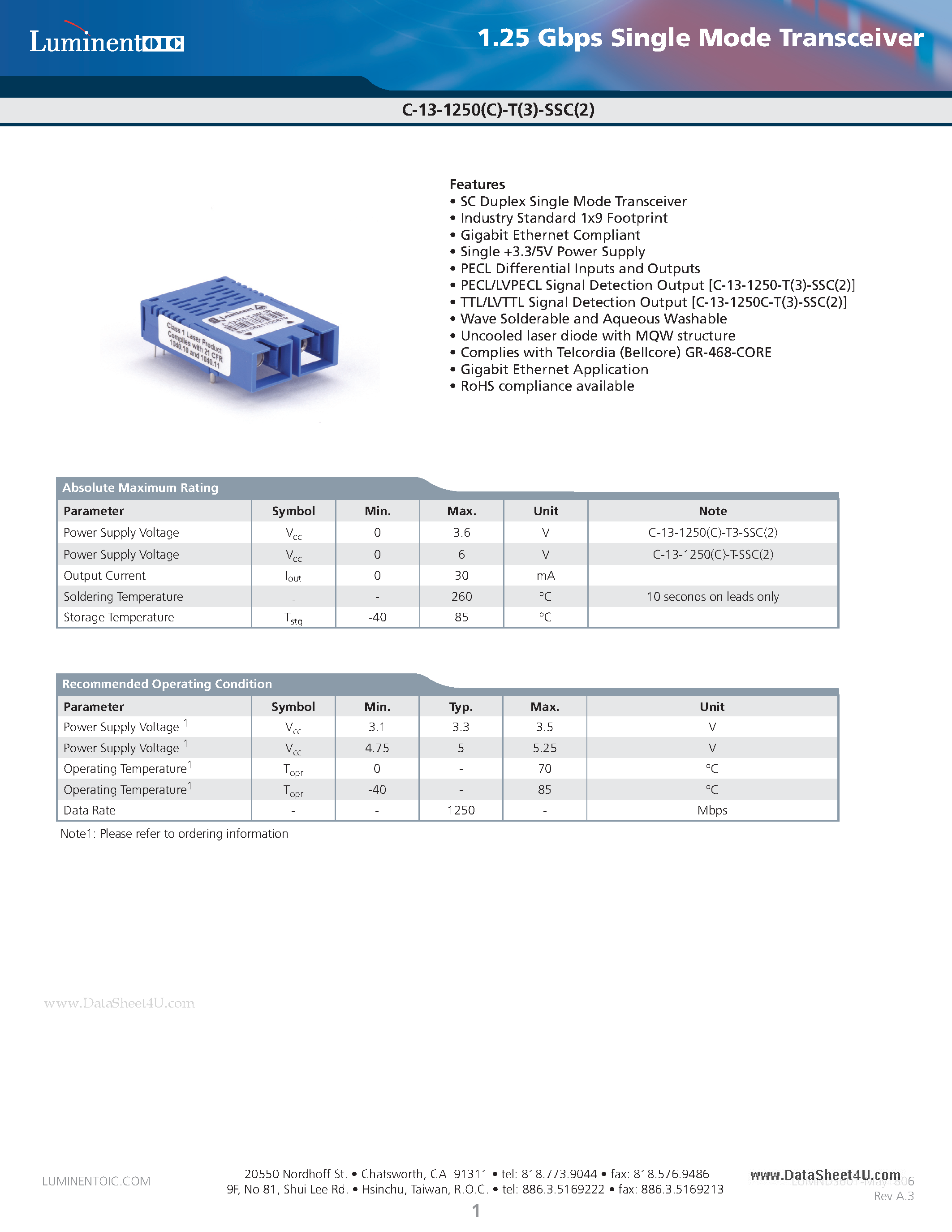 Даташит B-13-1250-T-SSC - 1.25 Gbps Single Mode Transceiver страница 1